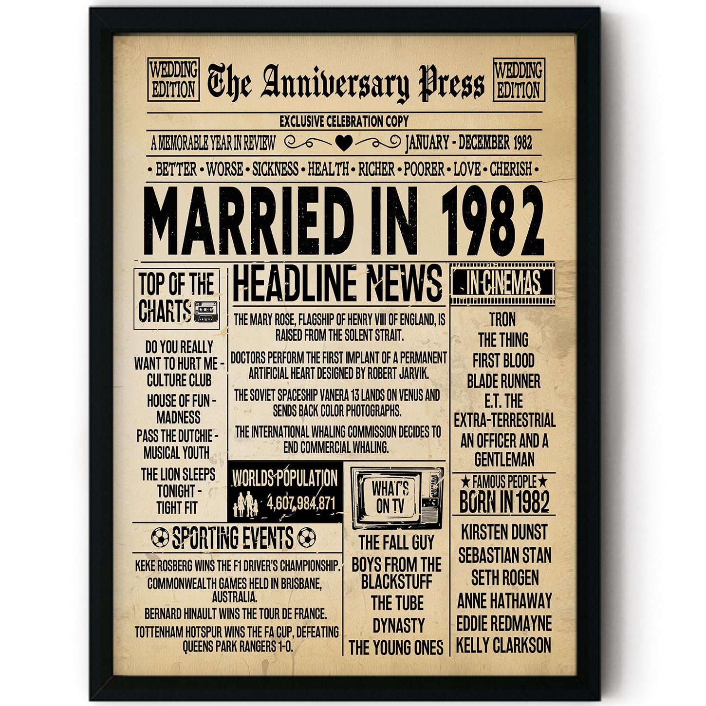 Stuff4 Men's 1982 44Th Anniversary Poster Framed - Married In Newspaper - 44 Wedding Anniversary For Wo Retro Vintage Gifts Back In 8X10 Inch Anniversaries Posters