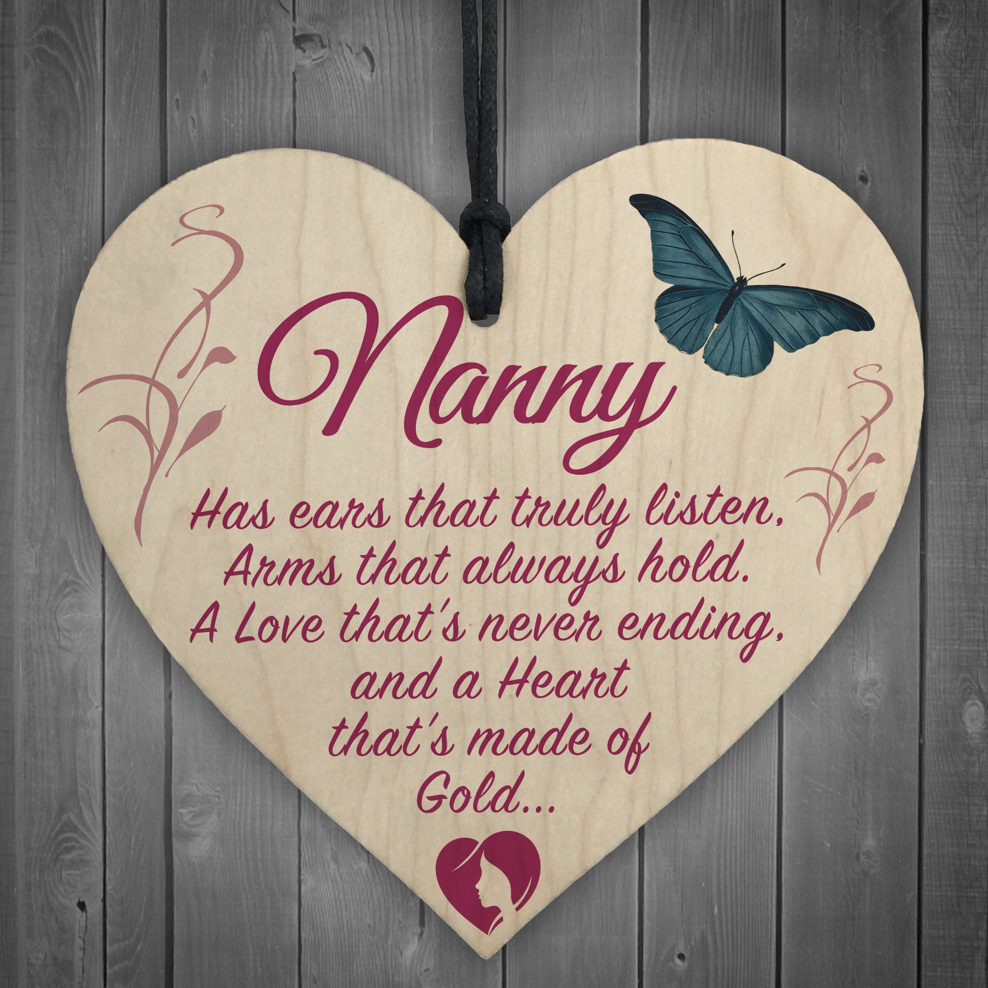 Red Ocean Nanny Has A Heart Of Gold Hanging Wooden Heart Plaque Sign Cute Grandmother Gift