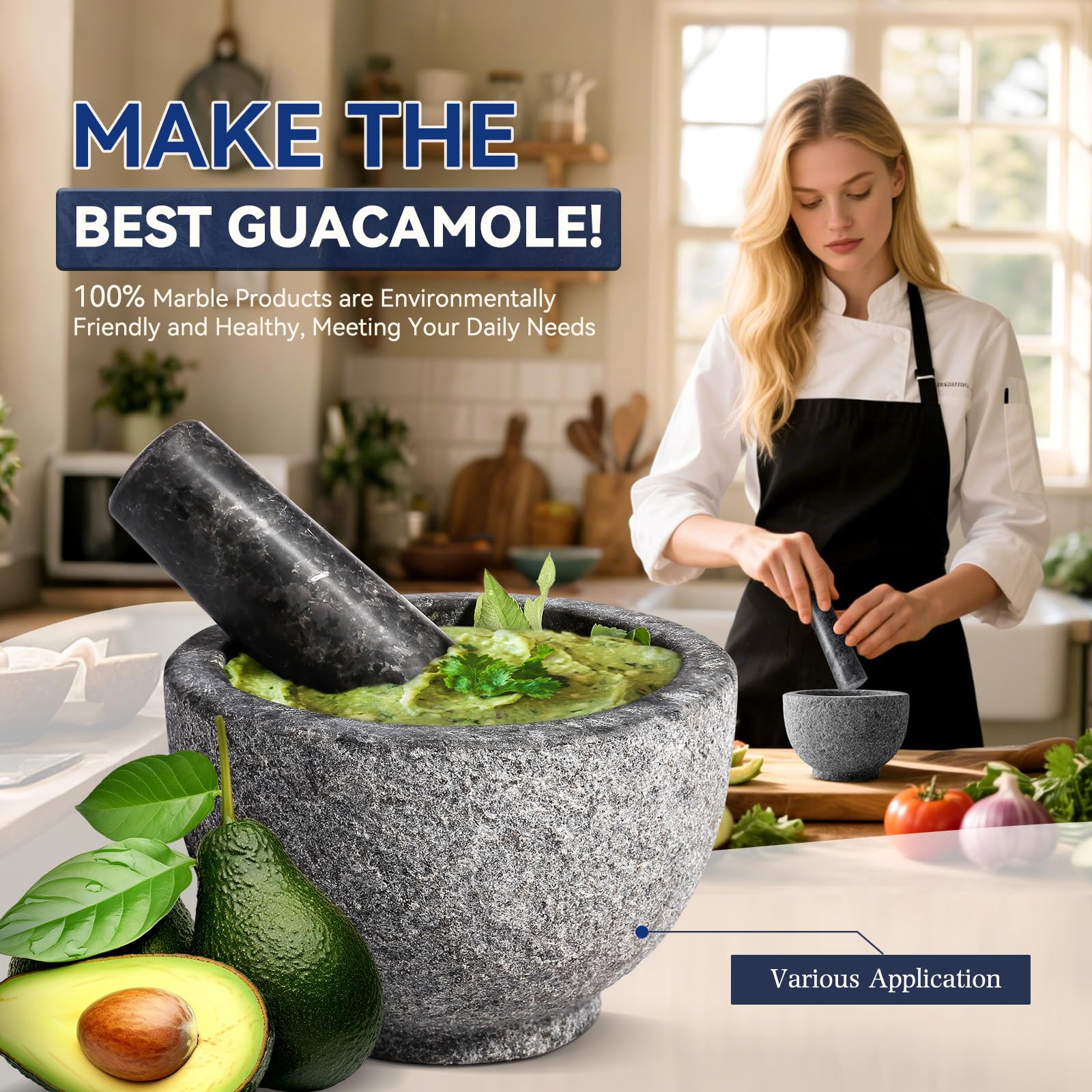 Koville Juego de mortero y mortero de granito africano de lujo, cuenco de molinillo para guacamole, salsa, triturador de píldoras, especias, hierbas, ajo, nueces, molinillo resistente para cocina
