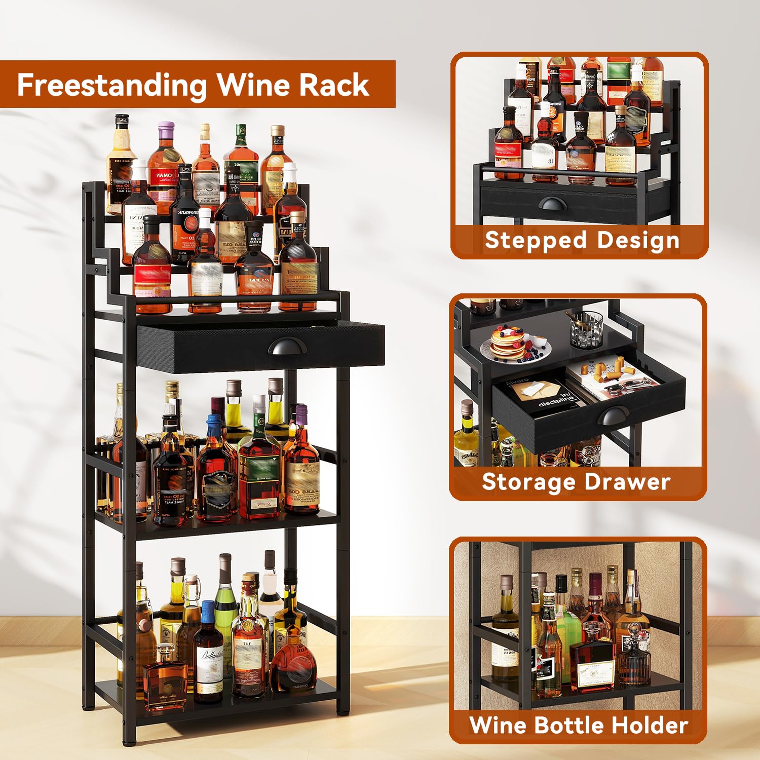 IBUYKE Stufen Weinregal, Freistehend, Weinschrank mit Schublade und Ausstellungsregal für Whisky, Trapezförmiges Flaschenhalter für Bar, Wohnzimmer, Esszimmer,Schwarz TMJ915B