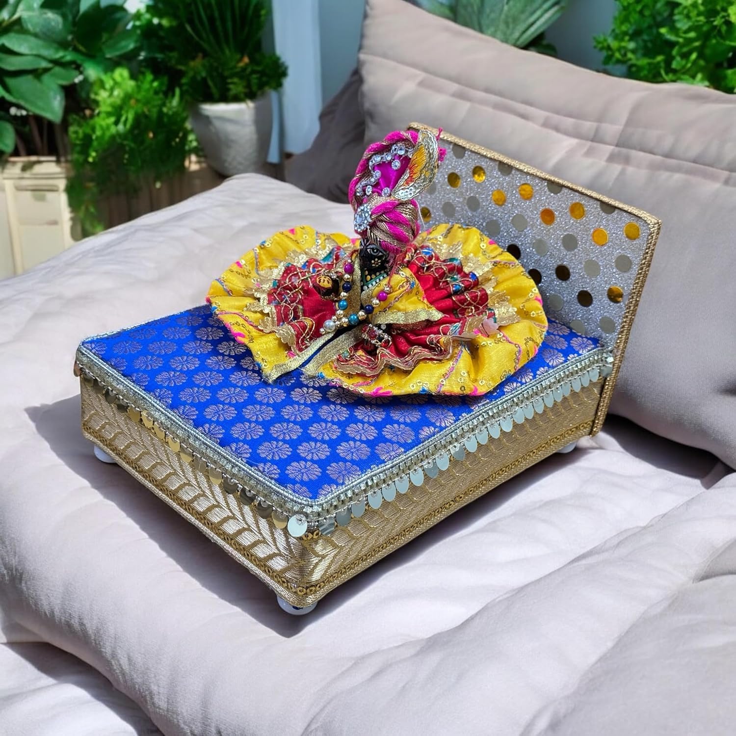 Laddu Gopal Ji Bister Set (0-5 No Size) β Super Soft Thakur Ji Bedding Set with Handcrafted Gaddi Bed, Aasan, Pillow, Cover Sheet & Satin Blanket/Kambal/Rajai for Kanha Ji Idol (Midnight Blue) 2
