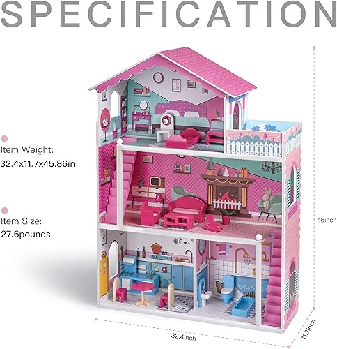 Miniatura 6 de ROBUD Juguete de casa de muñecas de madera, regalo de casa de muñecas para niños y niñas, rosa