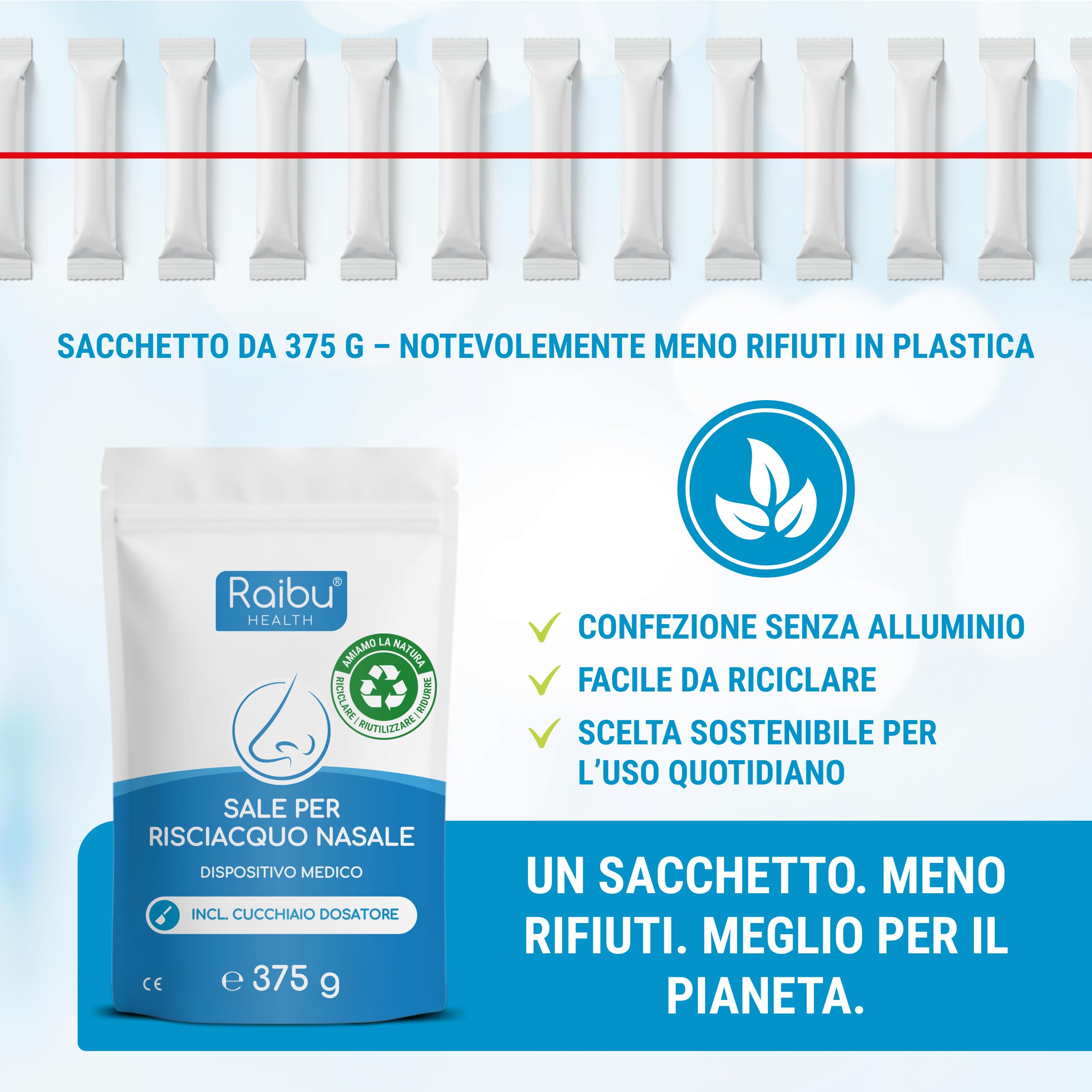 Raibu Fisiologico per Lavaggi Nasali - 150 Porzioni (XXL) I Con Misurino Dosatore I Sale Lavaggio Nasale, Irrigazione del Naso, Neti Lota