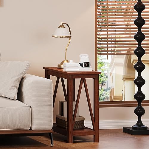 Miniatura 4 de ChooChoo Juego de 2 mesas auxiliares rústicas vintage con estante de almacenamiento para espacios pequeños, mesita de noche para sala de estar,