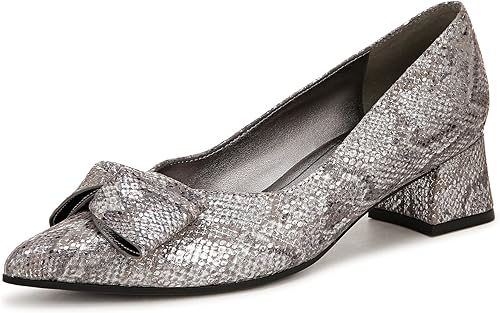 Naturalizer Womens Mavis Bow Pointed Toe Block Heel Pump Silver Metallic Snake 6