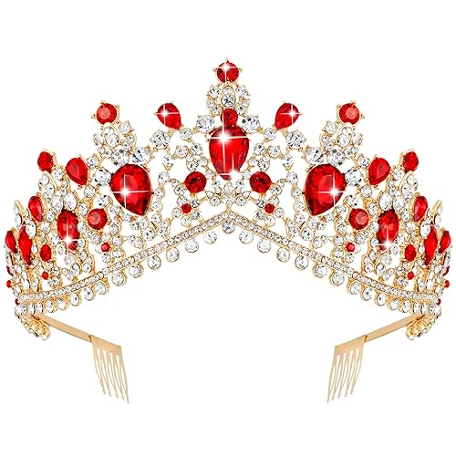 TOBATOBA Corona roja de reina para mujer, tiara de boda de cristal para mujer, corona de coronas, tiara de princesa para novia, tocados de