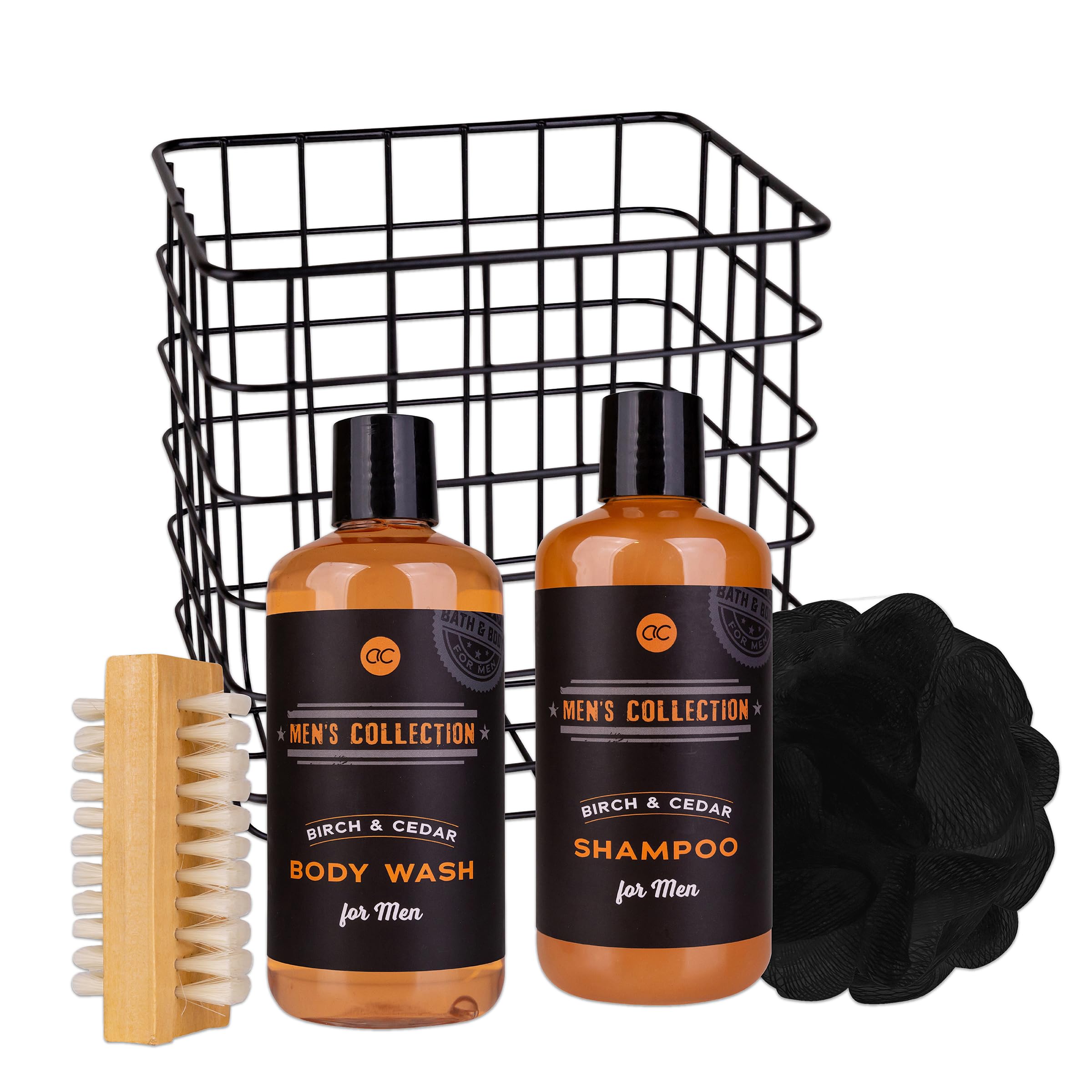 Accentra MEN'S COLLECTION zestaw upominkowy dla mężczyzn, w zestawie 300 ml żel pod prysznic, 300 ml szamponu, 15 g gąbki siatkowej, szczotka do paznokci, zapach: brzoza i cedr - brązowy
