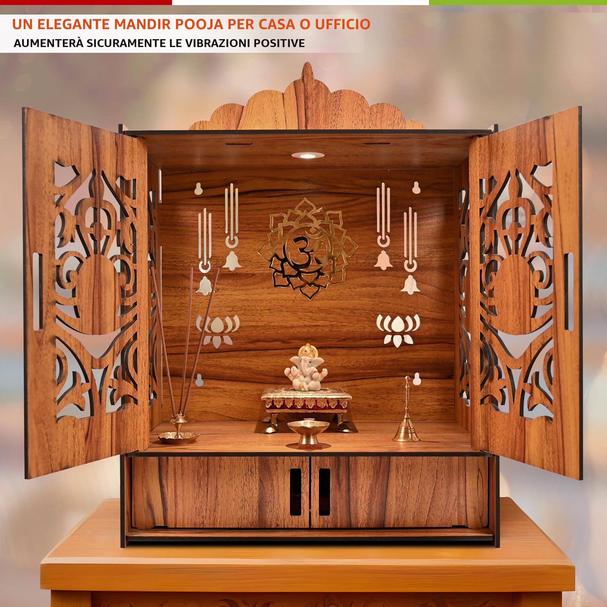 Rousrie Mandir a tempio in legno per la casa con ante | Bella unità Pooja con spazio di archiviazione | con luce LED e supporti a parete | Elegante Pooja Mandir per la casa di grandi dimensioni (H