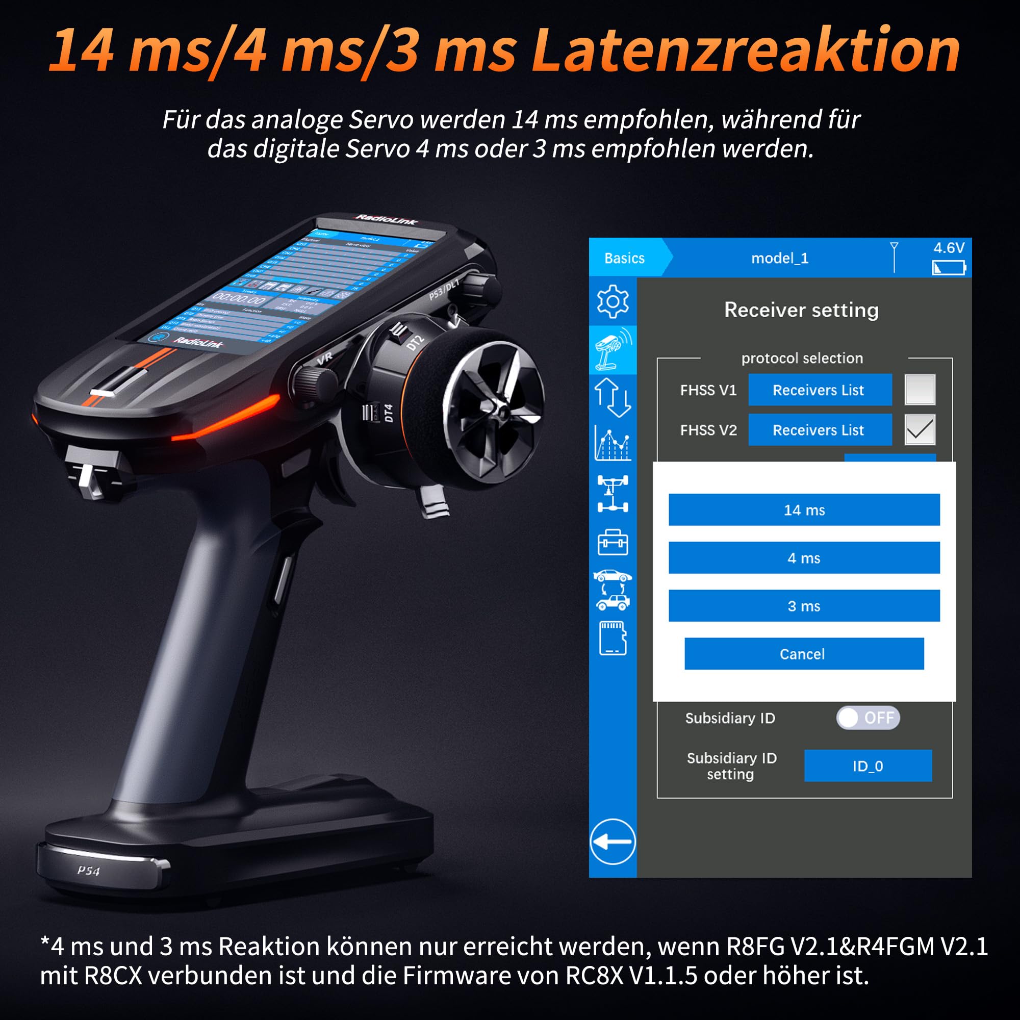 Radiolink RC8X Smart RC Fernsteuerung 8 Kanäle mit wasserdichtem Gyro-Empfänger R8FG 4,3" Bildschirm 200 Modellspeicher RC Fernbedienung Sender für Crawler Bagger Panzer Boot