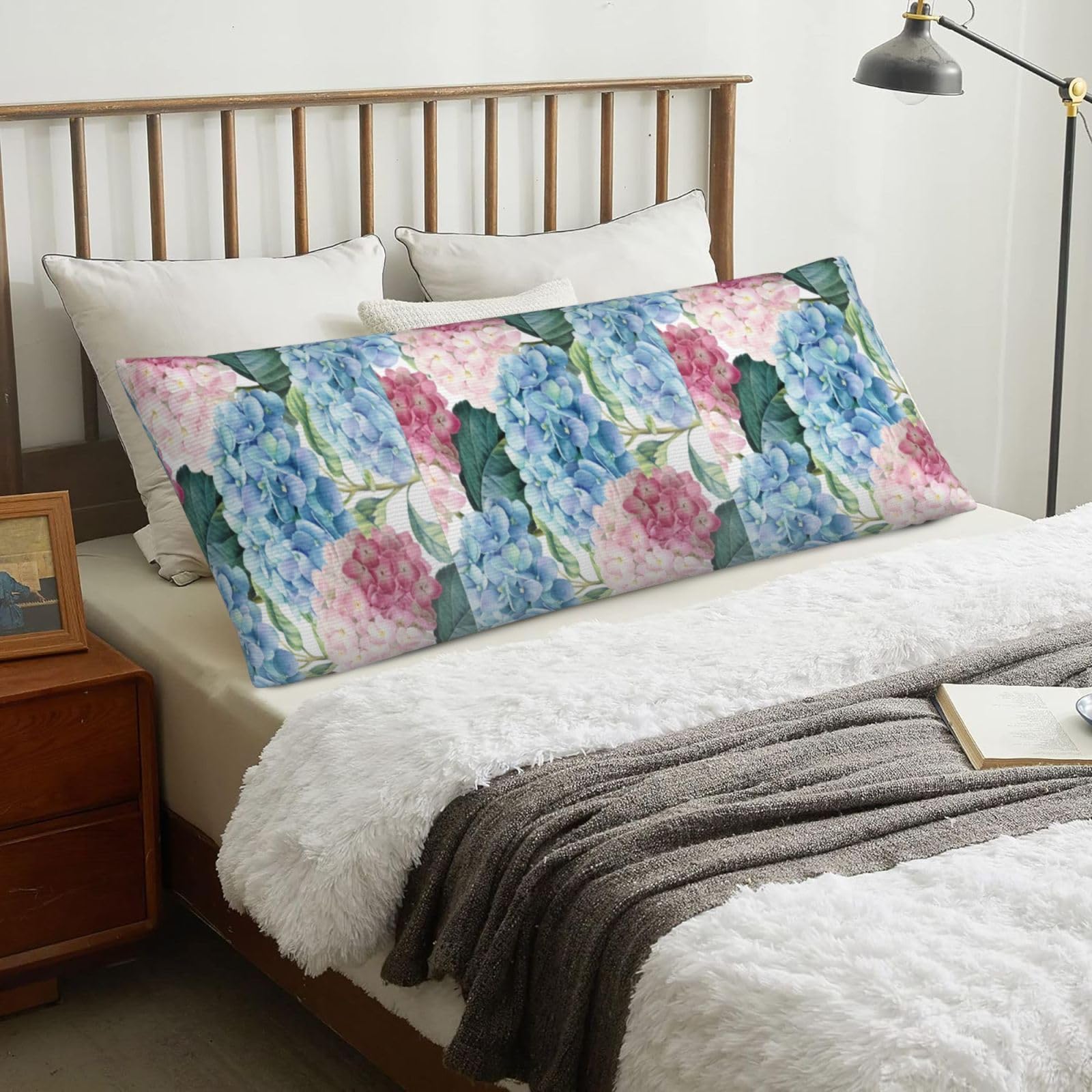 Pink Blue Hydrangea, Body Pillow Cover with Zipper,Long Body Pillowcase 20 x 60 in