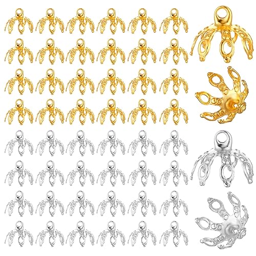 50 Pcs Bead Caps for Jewelry Making Flower Bead End Caps Toppers End Cap Bails for Necklace 7 Prong Bell Bead Cap Bail End with Loops for Bracelet DIY Crafts Earring Necklaces Ornament Pendant Jewelry