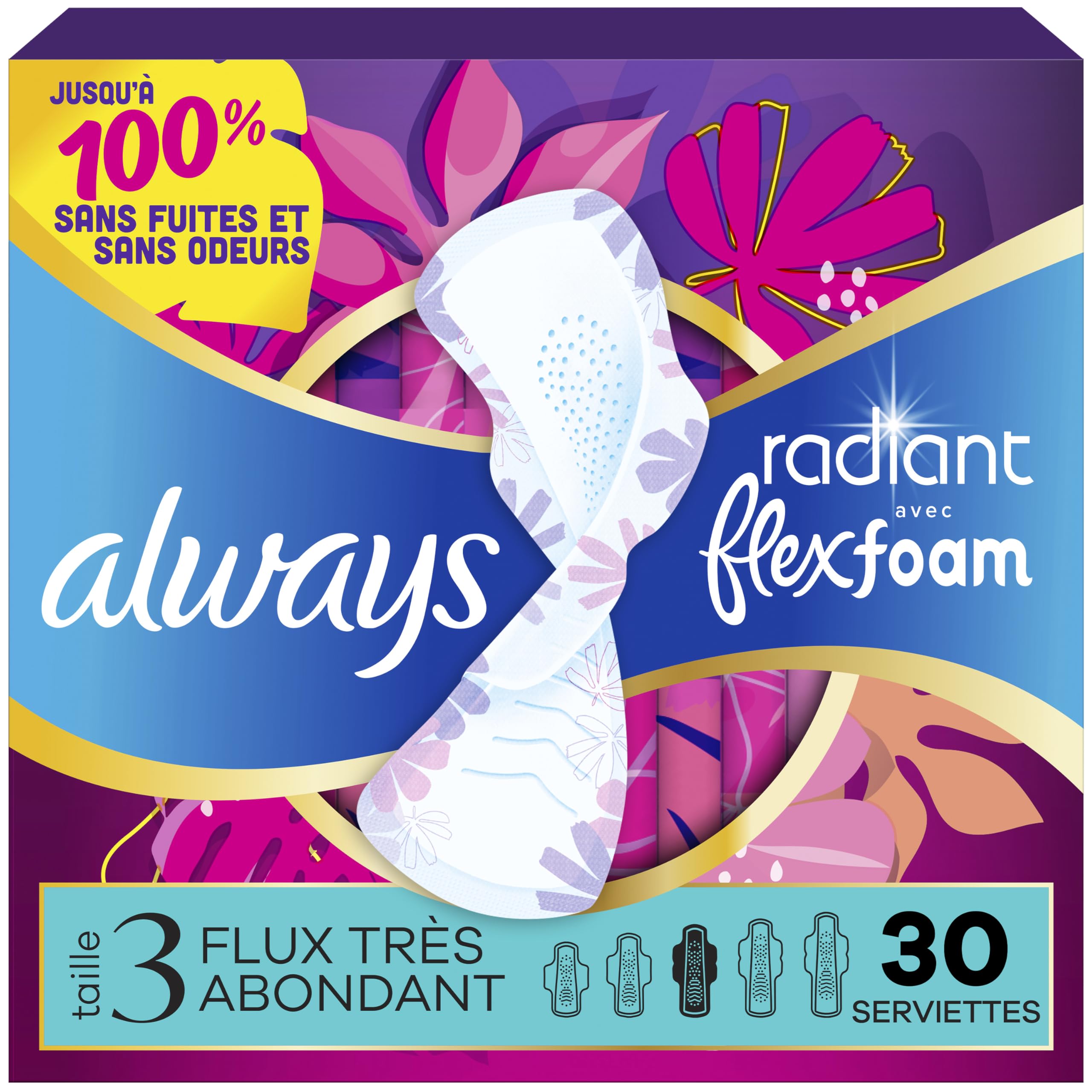 Radiant Feminine Pads for Women, Flexfoam Pads with Wings, Size 3, Extra Heavy Absorbency, Lightly Scented, 30 Count