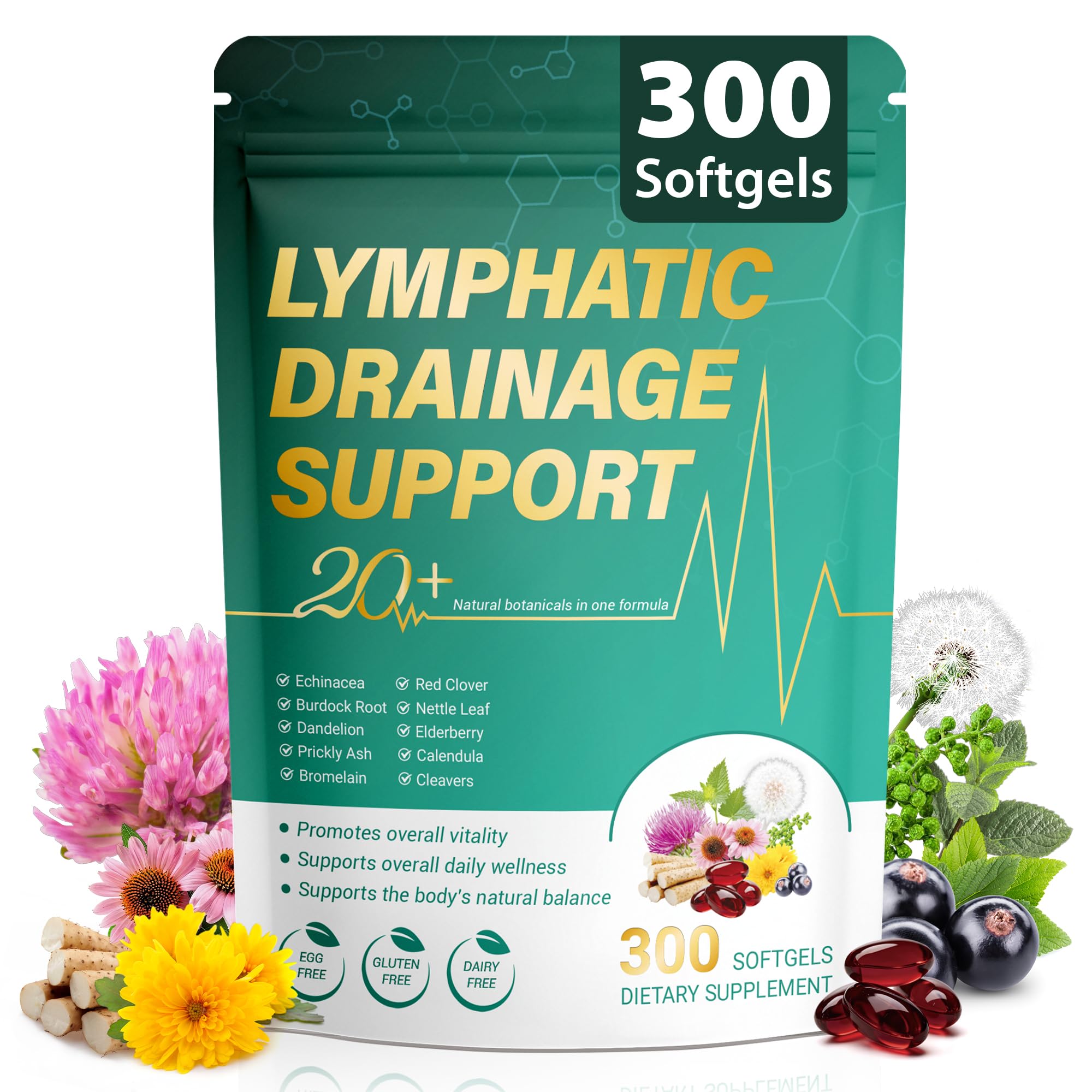 Lymphatic Drainage Supplement 300 Softgels 21-in-1 Herbal Blend with Echinacea, Dandelion, Burdock Root Lymph System Support Fluid Balance & Immune System for Women & Men