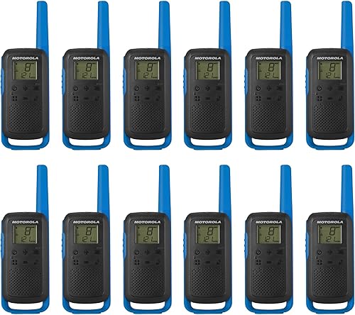 Motorola Solutions, FRS portátil, T270, Talkabout, radios bidireccionales, recargable, 22 canales, 25 millas, negro con azul, paquete de 12