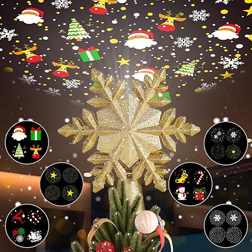 Decoración para árbol de Navidad, estrella iluminada con luz LED giratoria de estrella, estrella dorada con purpurina 3D, luces de proyector de