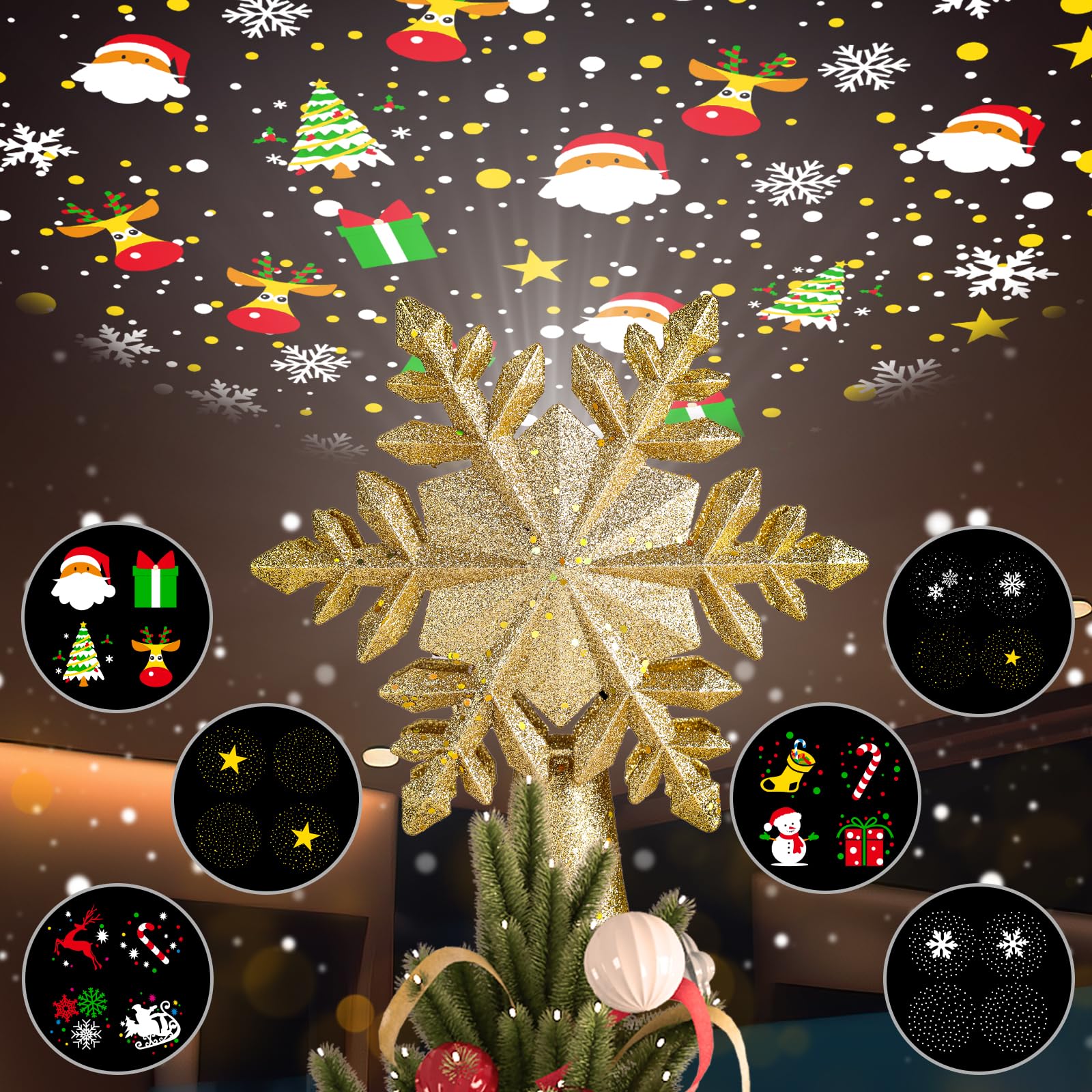 Étoile lumineuse pour cime de sapin de Noël avec projecteur de lumière 6 effets HD, 3D pailleté doré, projecteur de lumières d'intérieur pour décoration de sapin de Noël