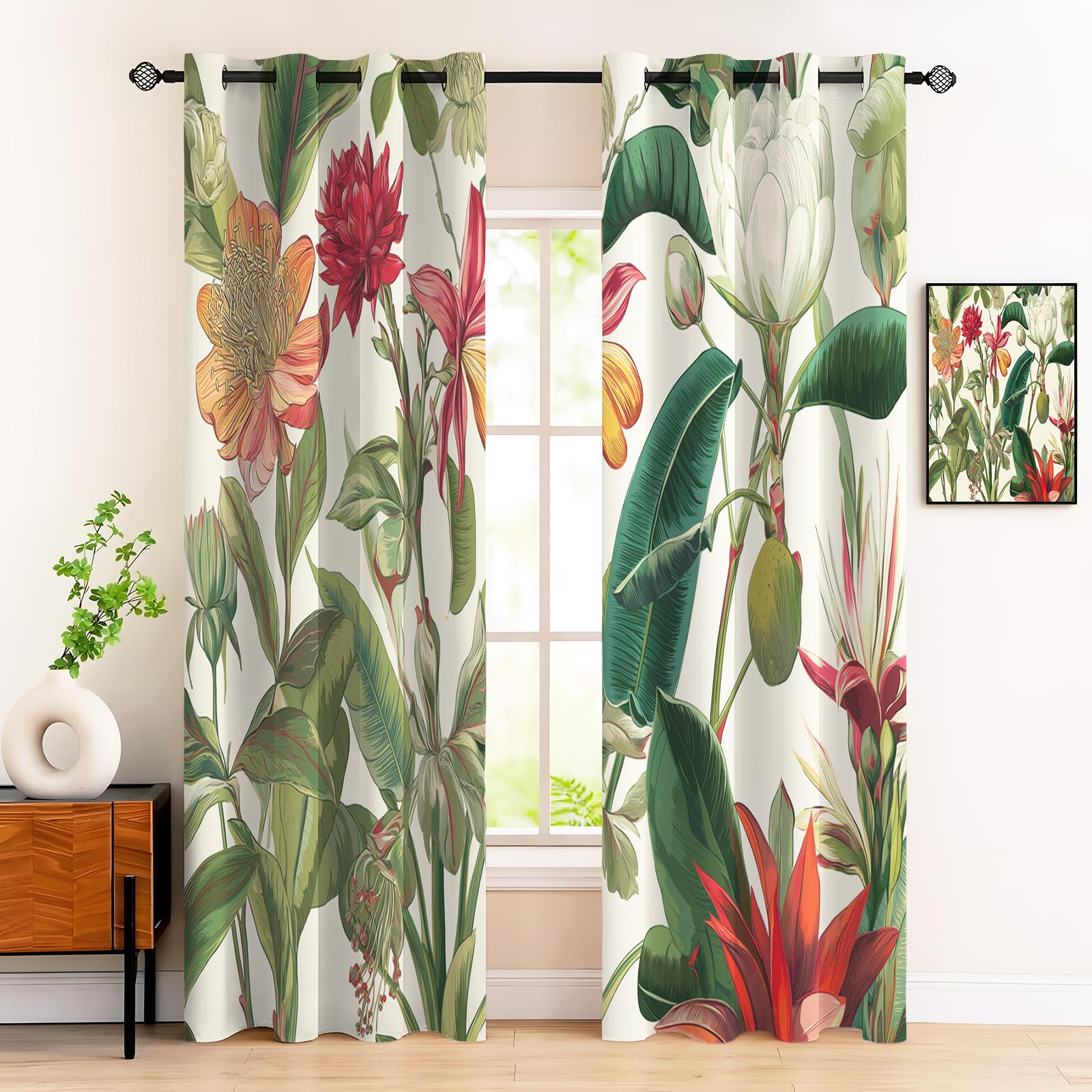 Rideau occultant thermique vert olive motif palmier bloquant le froid et la lumière