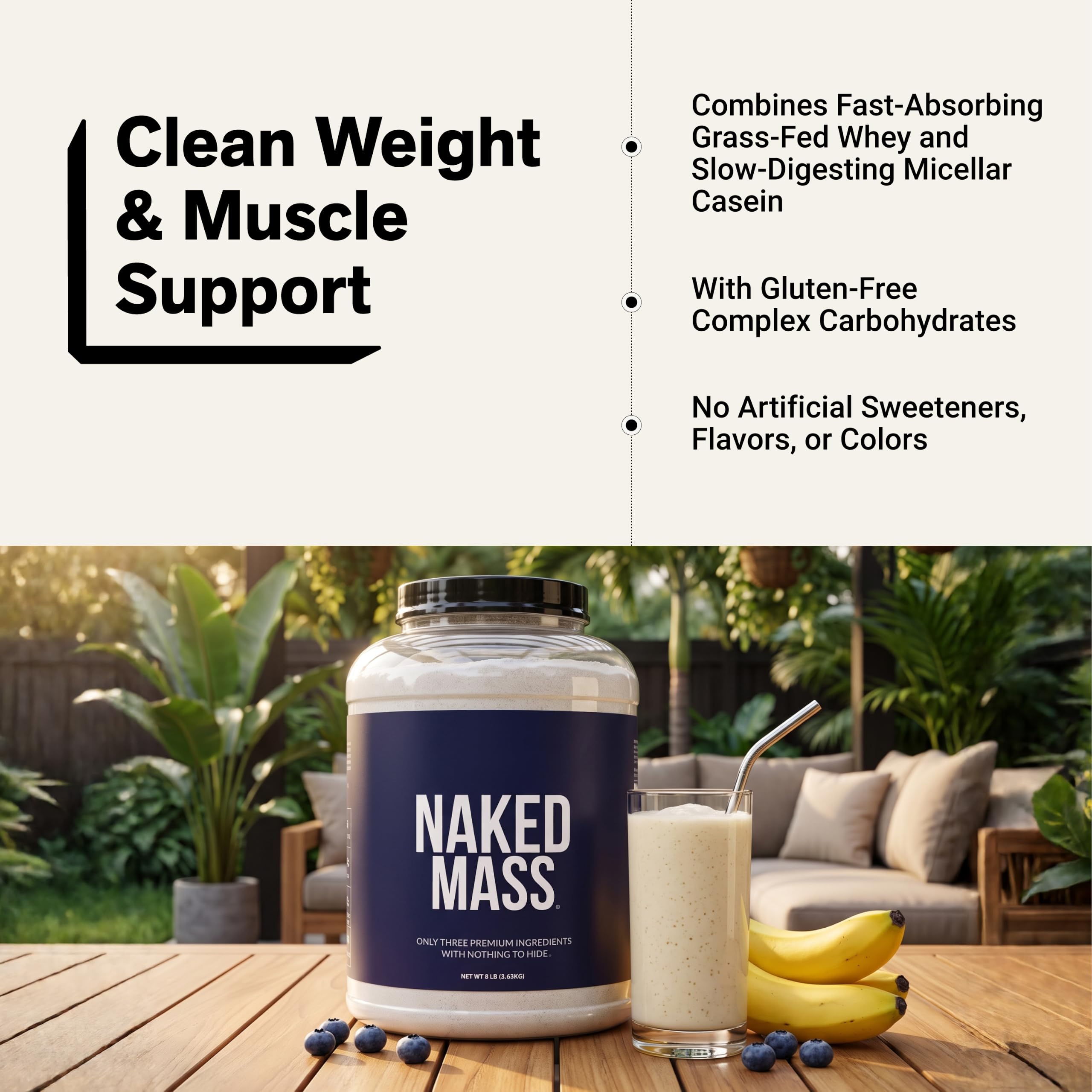 NAKED Mass - Natural Weight Gainer Protein Powder - 8 LB Bulk, NSF Certified, GMO Free, Gluten Free & Soy Free. No Artificial Ingredients - 1,250 Calories per Serving — Amazon image 6