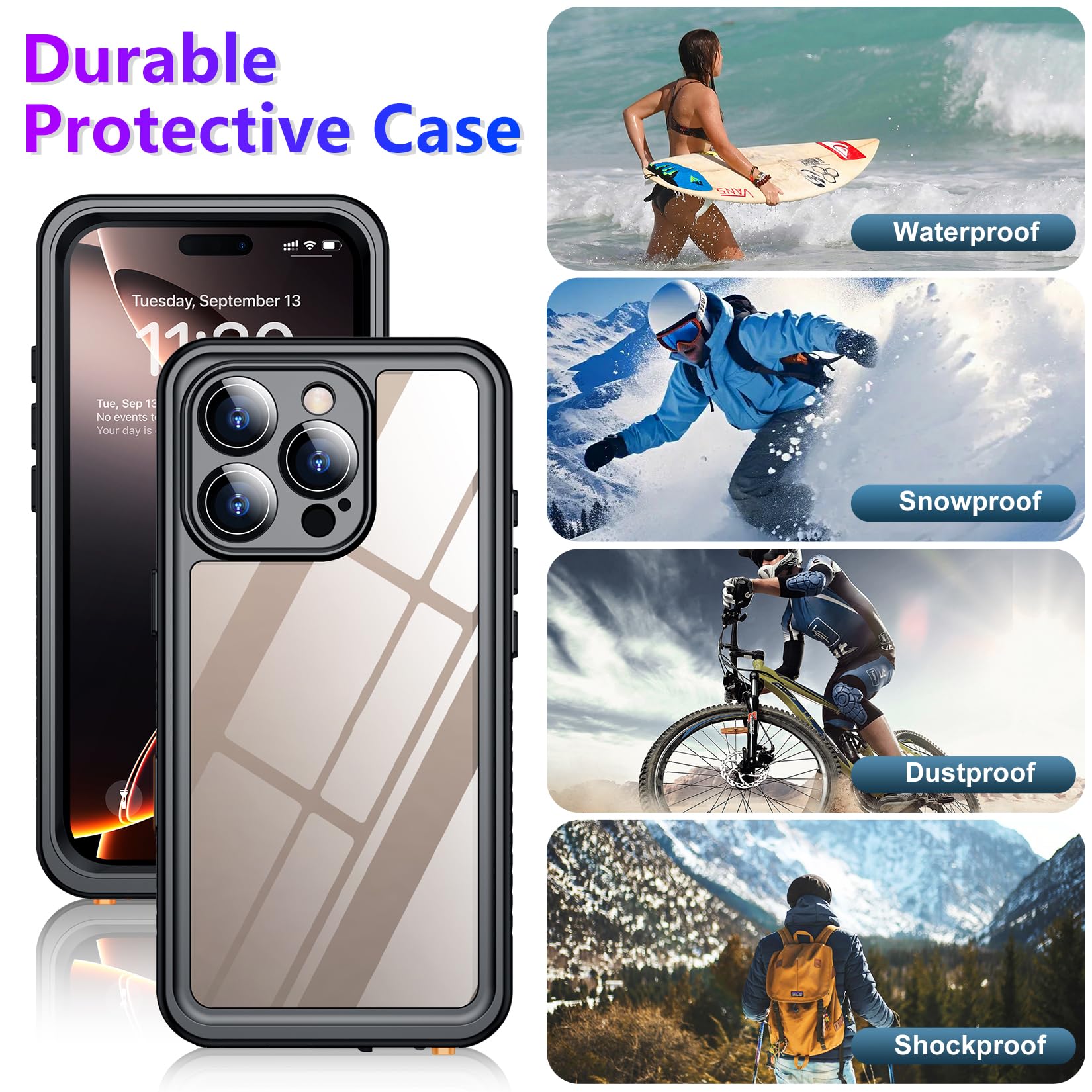 Kompatibel mit iPhone 16 Pro Max, wasserdicht, eingebauter Bildschirm- und Kameraschutz, IP68, Unterwasser-Ganzkörperhülle, 4,8 m, sturzsicher, stoßfest, 17,5 cm, Schwarz/Transparent