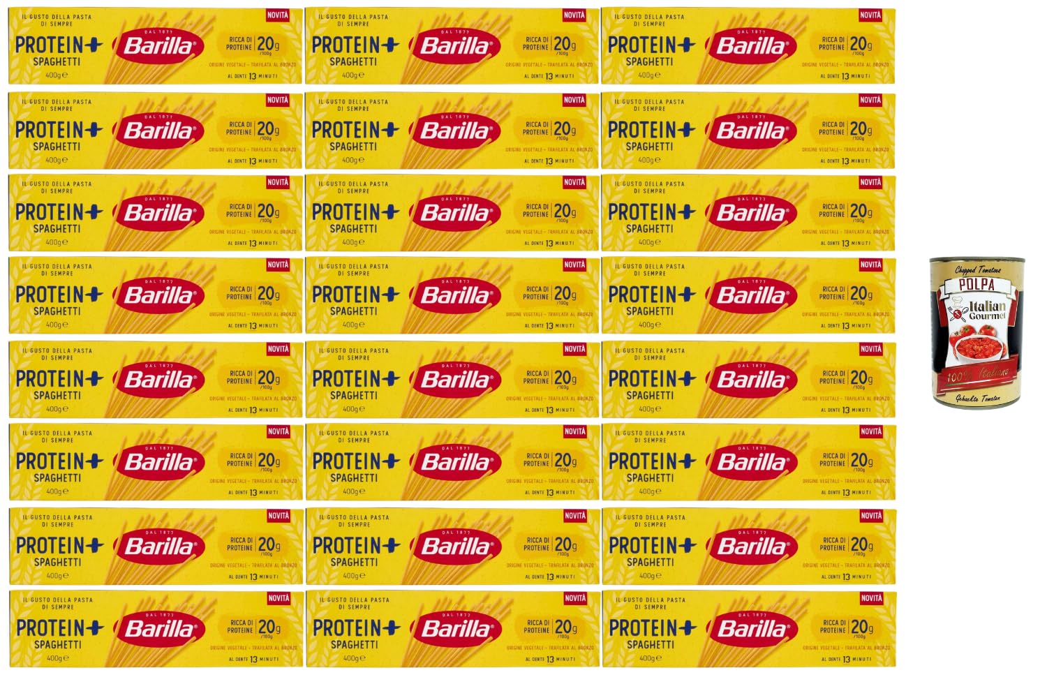 Italian Gourmet Bundle 24x Barilla Protein+ Spaghetti 400g + Italian Gourmet Polpa, proteinreiche Pasta, Spaghetti mit 20g Protein pro 100g, Vorratspack, italienische Nudeln, Hartweizengrieß