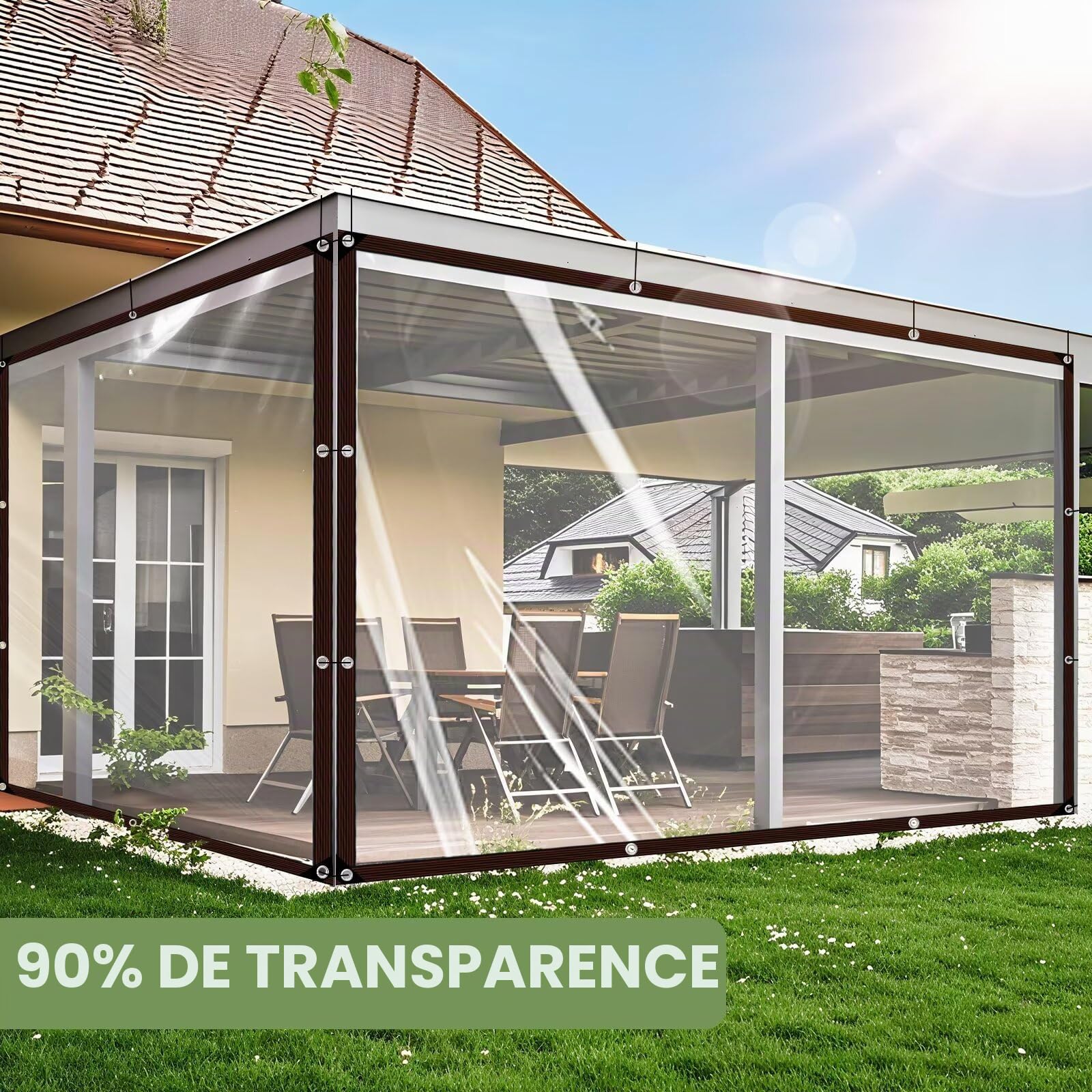 Bâche imperméable transparente avec œillets - Imperméable - Transparent - 3 x 4 m - Pour extérieur, terrasse, poulailler, balcon