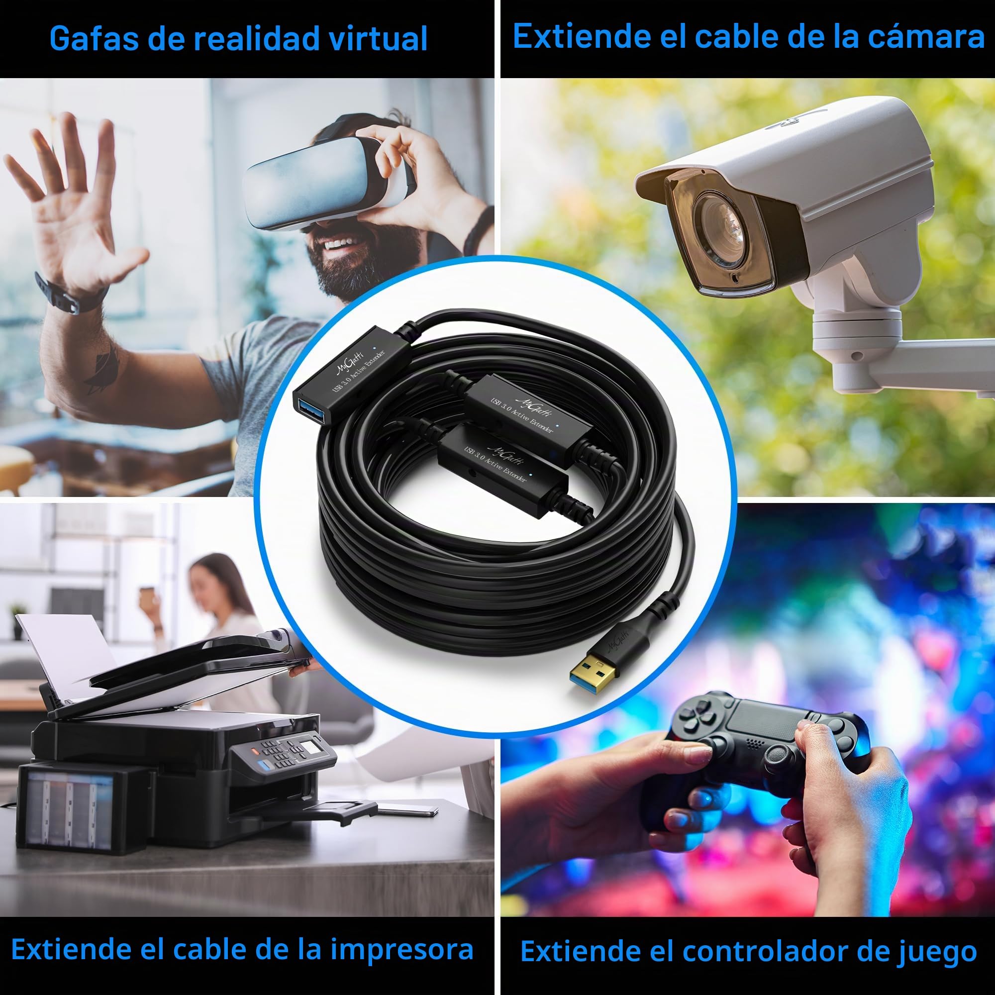 20 metros Cable de extensión activa USB 3.0,USB tipo A 5 Gbps macho a hembra,22 AWG,con 3 amplificadores de señal y enchufe de alimentación de CC,Cable repetidor,con 5 bridas