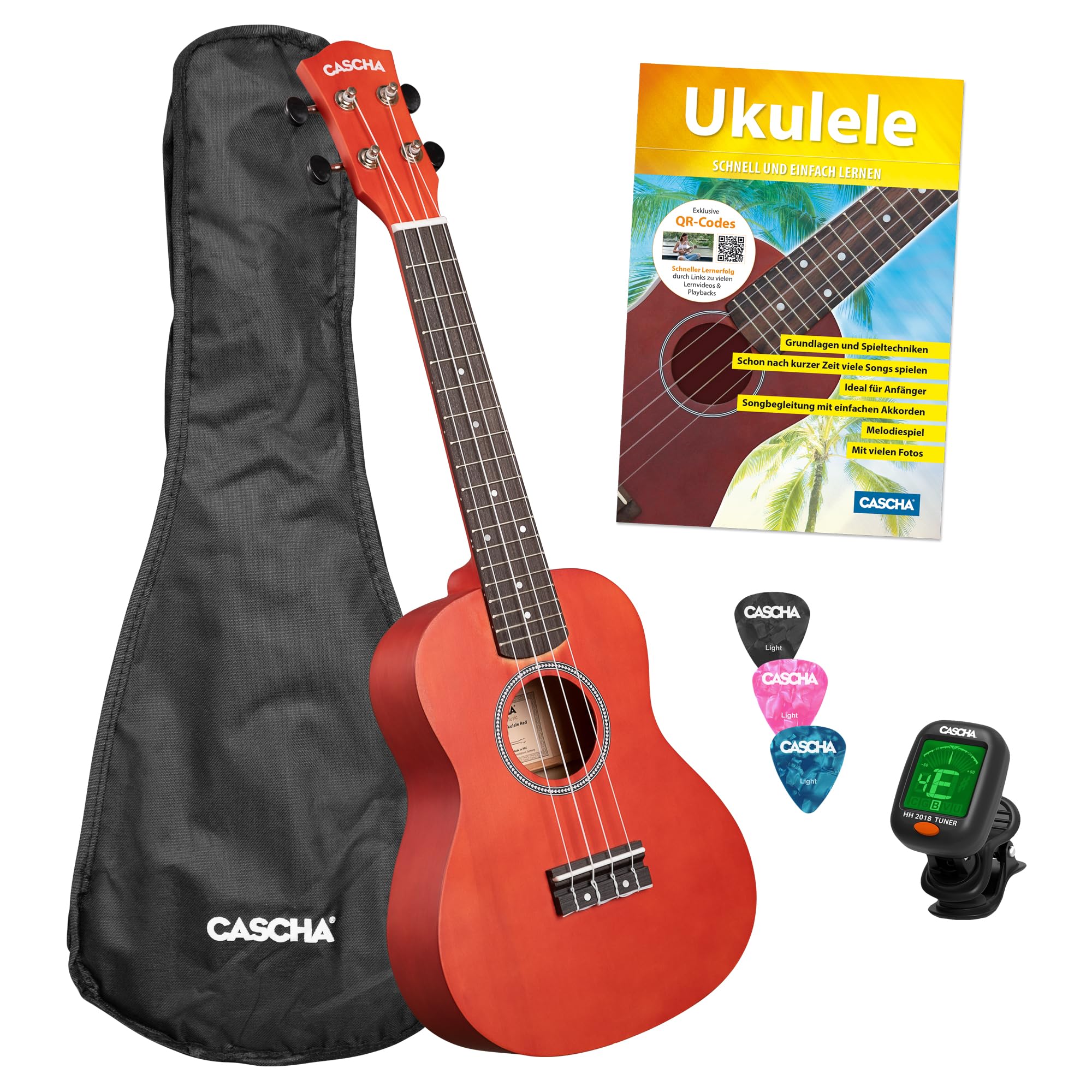 Concert Ukulele Linden Red Set (w zestawie torba, 3 i, książka, tuner)