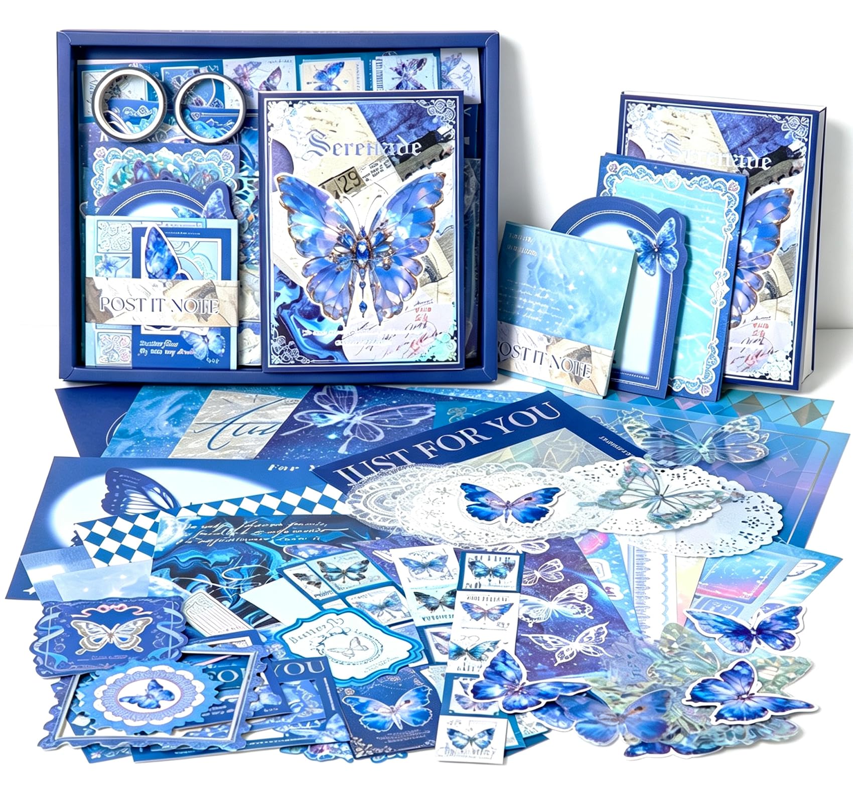 ZODKSNO 321pcs Aesthetic Scrapbook Kit, Vintage Butterfly Scrapbooking Paper Kit with A6 Grid Notebook and DIY Tools for Photo Albums Decoration (Blue)