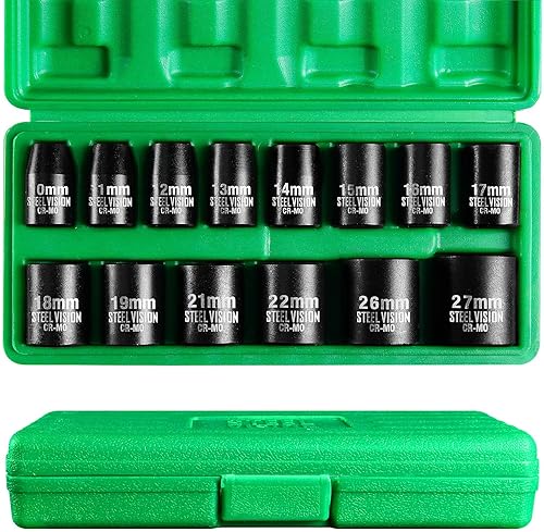 Miniatura 1 de SteelVision - Juego de llaves de vaso de impacto poco profundas, 14 piezas de 12 pulgada, juego de llaves métricas de 0.394 in a 1.063 in, diseño de