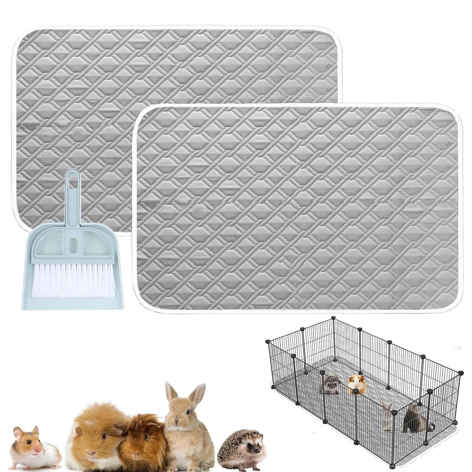 ZPSCXQ Guinea Pig Cage Liner, Reusable Washable Pet Mats, Rabbit Cage Liner with Cleaning Tools, Three-Piece Set for Small Animal Bedding, Nordic Blue Brush with Smokey Grey Liners