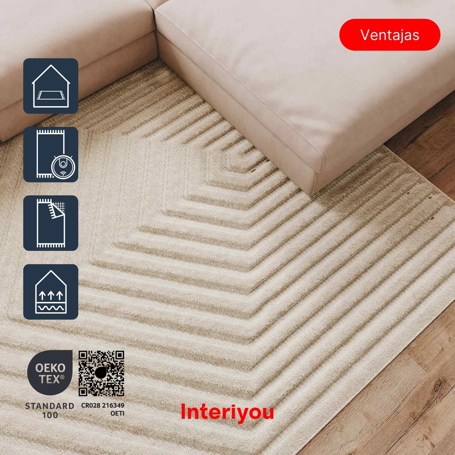 Interiyou Alfombra Salon Pelo Corto Lecce - 160x230 cm Crema - Diseño Boho escandinavo con Efecto 3D de Relieve - Plana con patrón geométrico