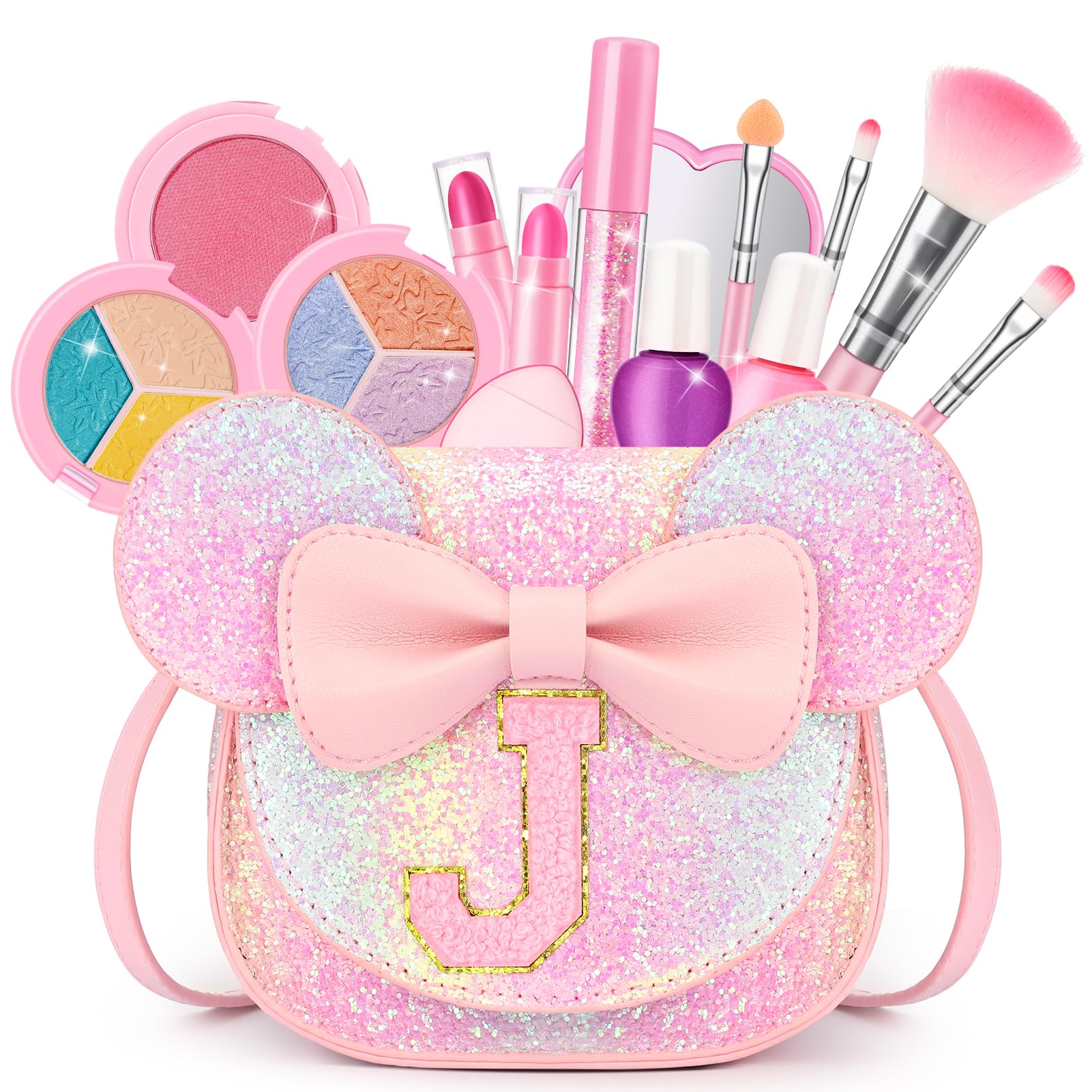 Kids Makeup Kit for Girl, 15Pcs Real Washable Make Up Set &amp; Purse Rainbow J