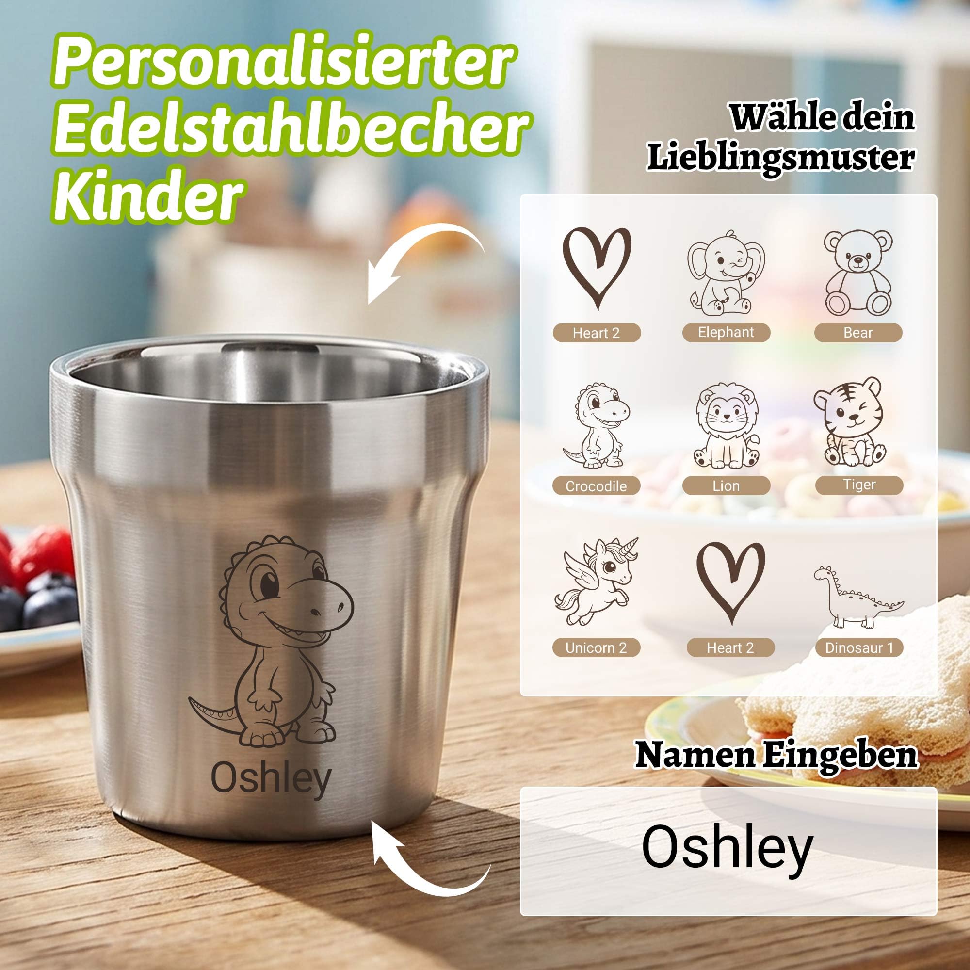 OXYEFEI Edelstahl Becher Kinder personalisiert mit Namen & Motiv graviert – Unzerbrechlicher Trinkbecher für Jungen & Mädchen – Geschenk zum Geburtstag, Kindergartenstart & zur Taufe