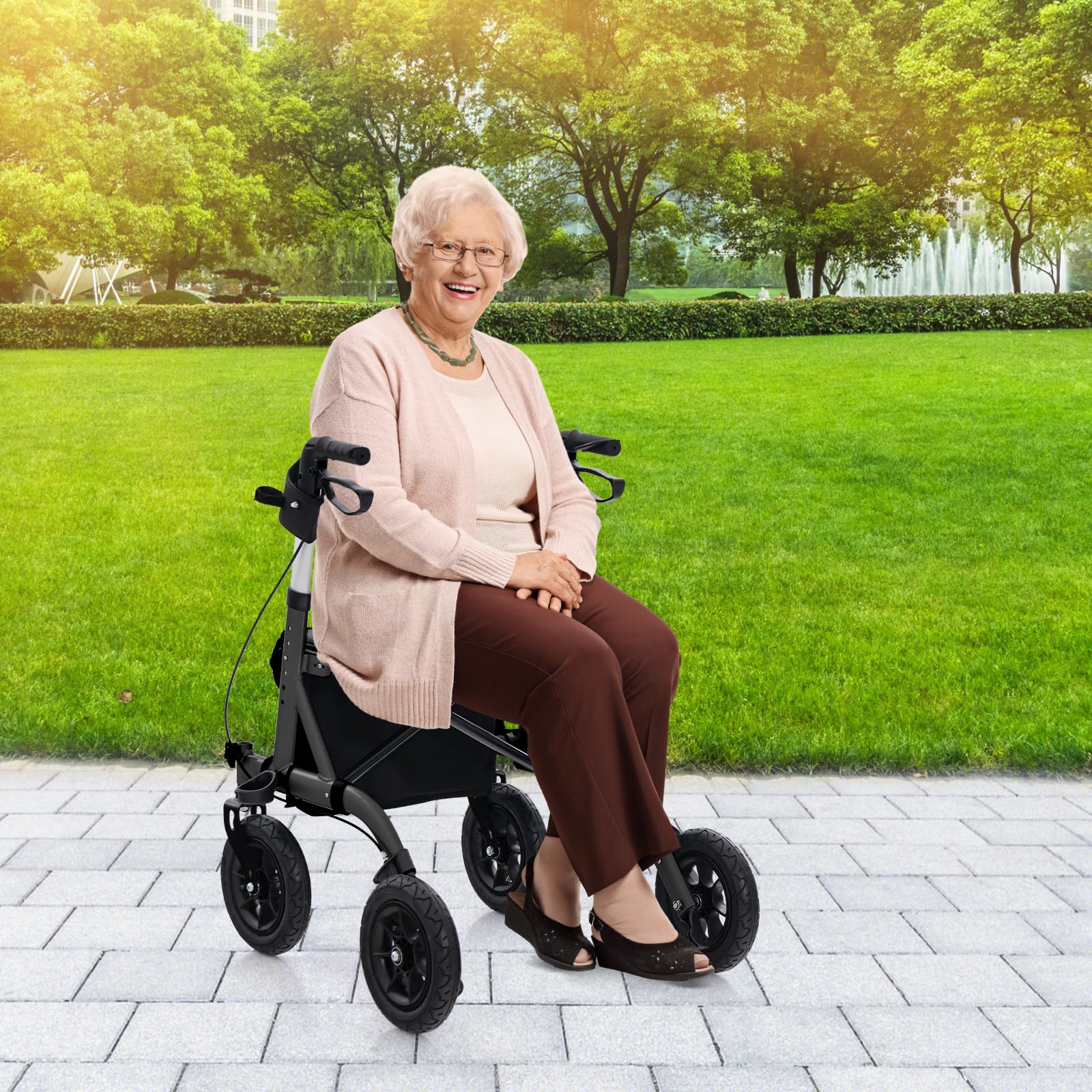 GOPLUS Andador de Altura Ajustable, Andador Plegable con Asiento, Rueda Todo Terreno Neumática de 24 cm, Bolsa de Almacenaje, 160 kg de Capacidad, Andador Ligero para Personas Mayores (Negro)