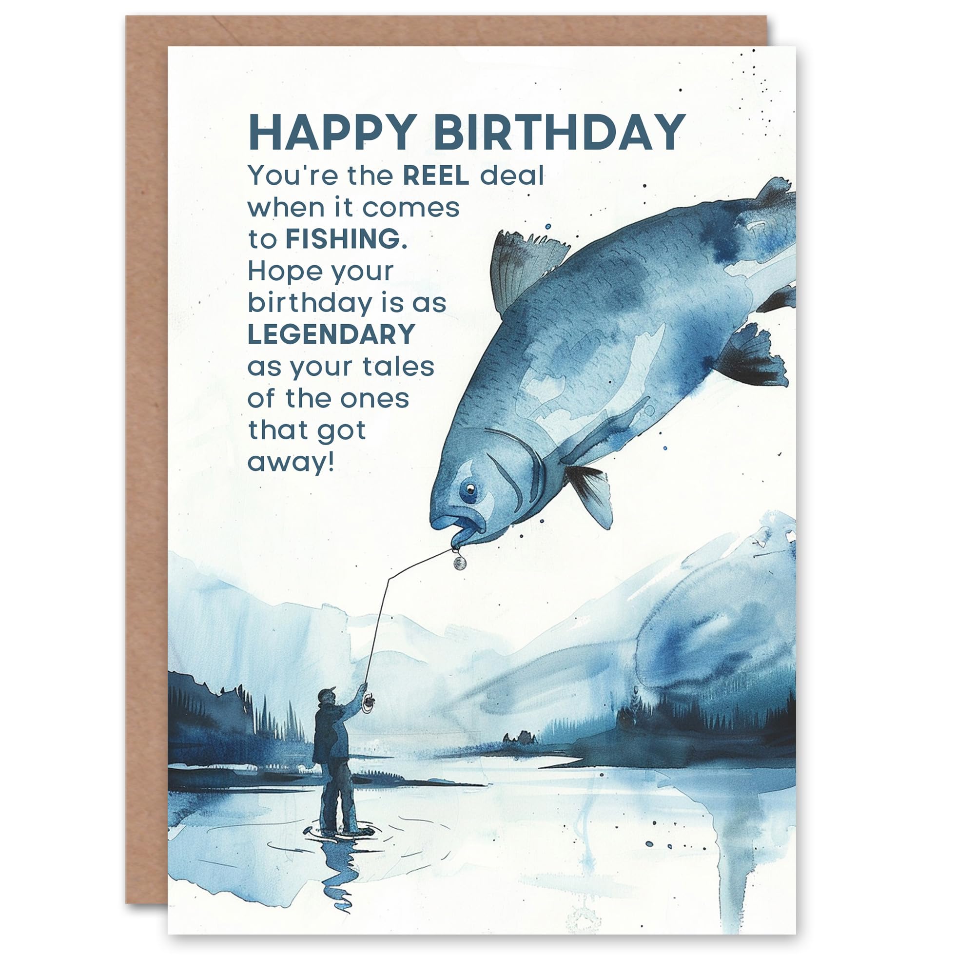 Artery8 The Reel Deal Lake Fishing Pun Blue Watercolour For Him Man Birthday Card
