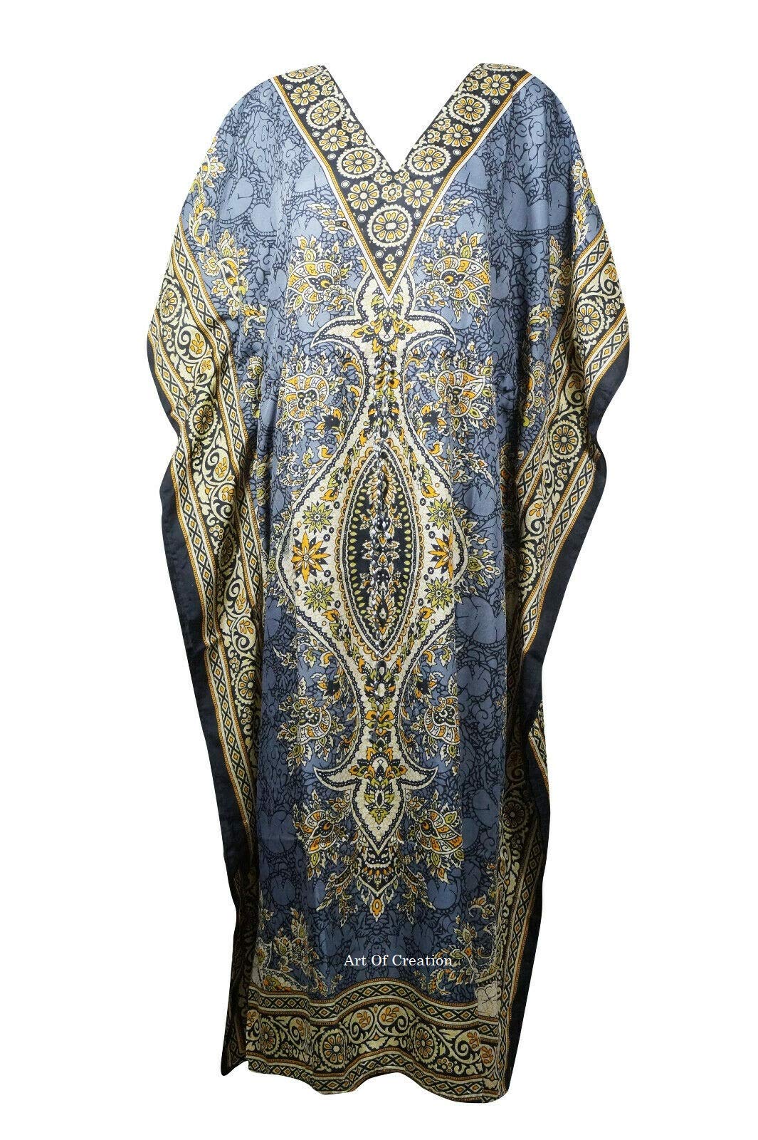 Art Of Creation Women Kaftan Dress Kimono Maxi Caftan Night Gown Pluse Size Caftan Dresses Beach Cover Up Top Printed Tunic Kaftans (Grey)