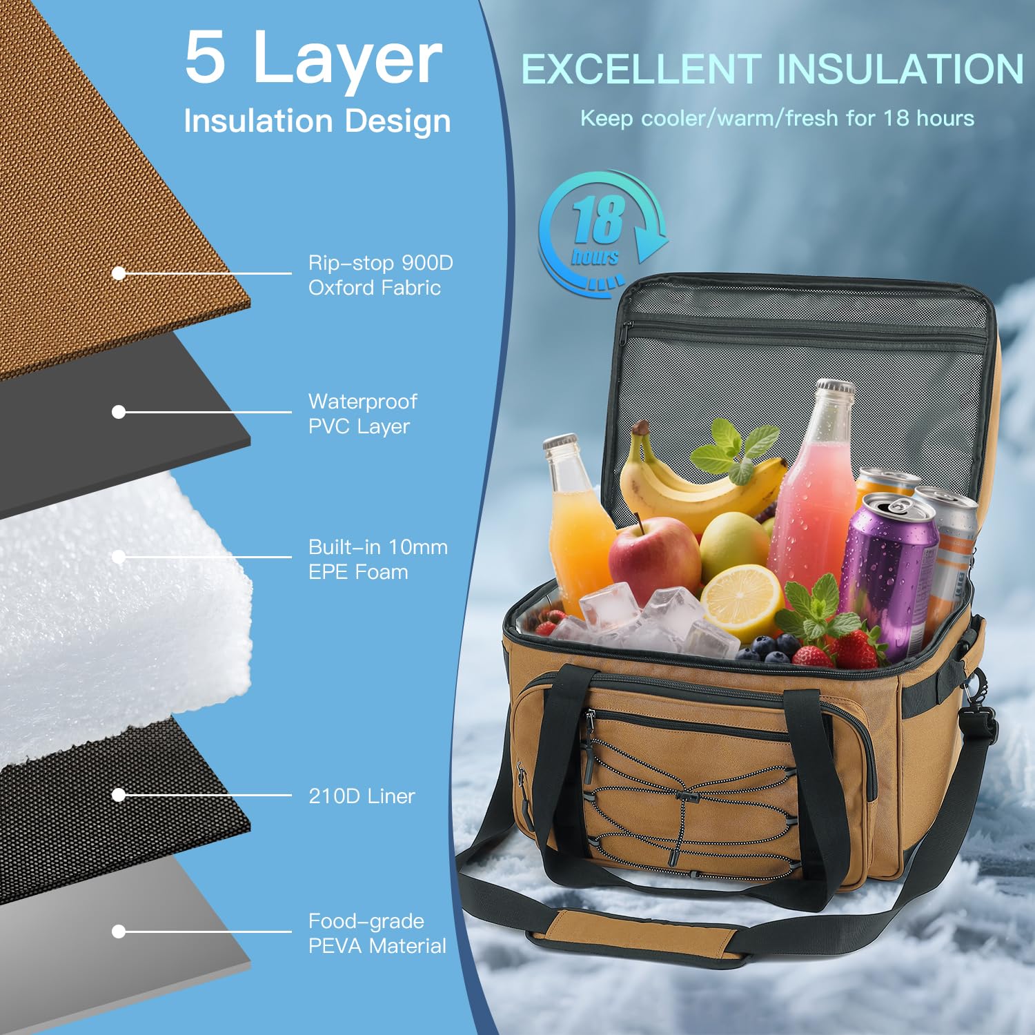 Enfriador portátil con ruedas extra grande para 85 latas, doble cubierta, resistente con ruedas todo terreno, a prueba de fugas, táctico de lados suaves para playa, campamento, picnic, viajes, marrón 2