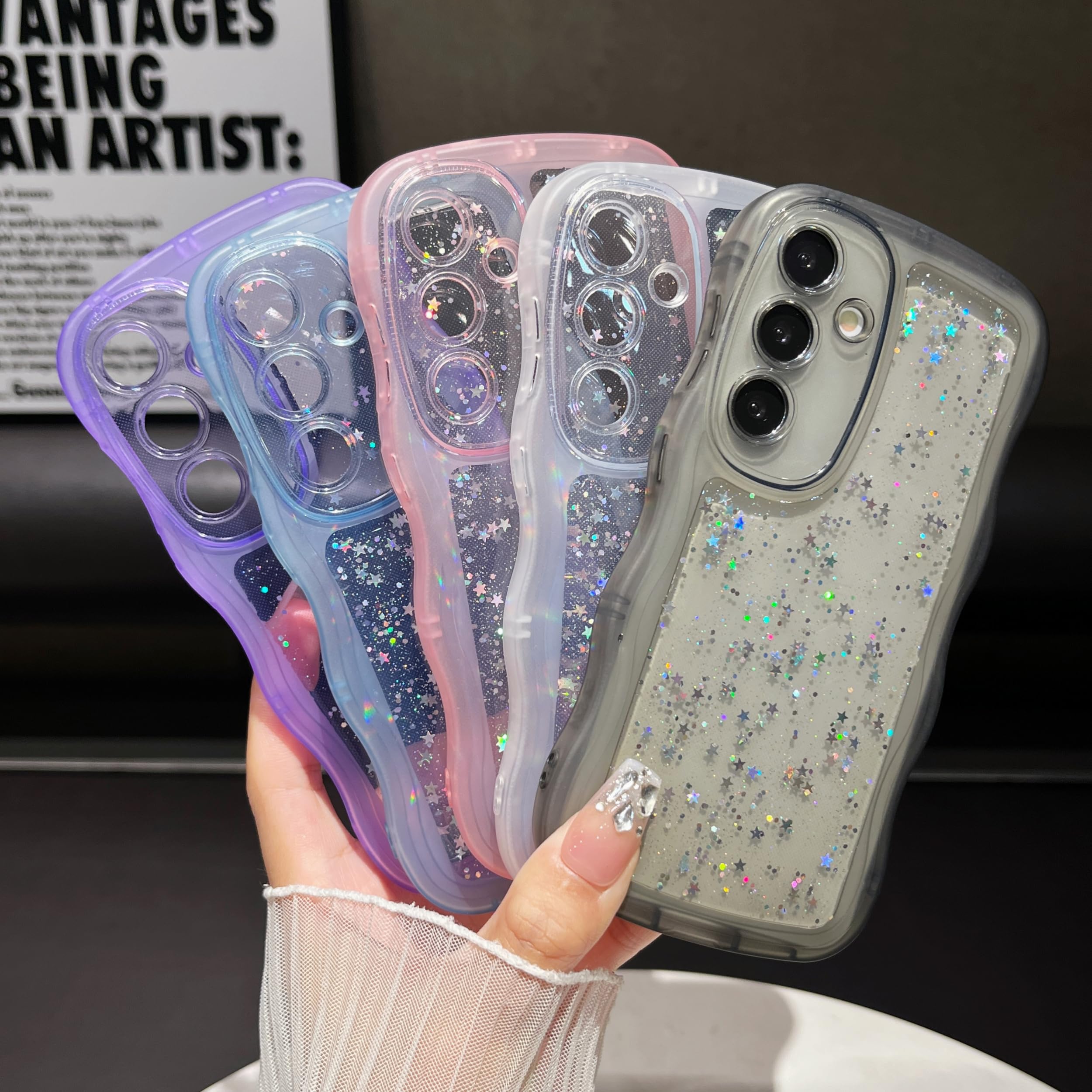 Custodia Qokey Per Samsung Galaxy S24 Ultra Con Glitter E Stelle – Trasparente, Bordo Ondulato Antiscivolo, Protezione Antiurto Per Donne