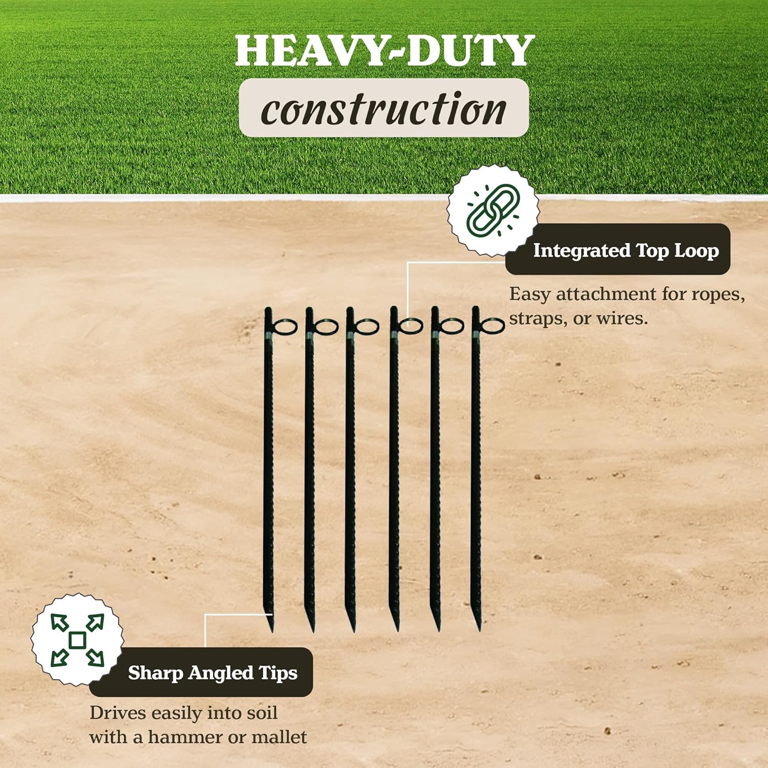 Yard Tuff 1/2" x 30" Rebar Stakes, Heavy-Duty Steel Ground Anchors with Loops for Tents, Tarps, Landscaping, Plants, and Outdoor Yard Support, 6 Pack