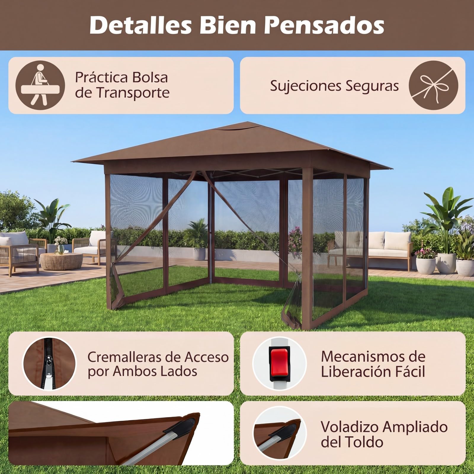 GOPLUS Carpa Plegable 3,5x3,5 cm, Cenador Pop-up de Jardín con 4 Mosquiteras Extraíbles, Altura Ajustable, Bolsa de Transporte, Protección Solar, Gazebo para Fiestas (Marrón,con Mosquiteras)