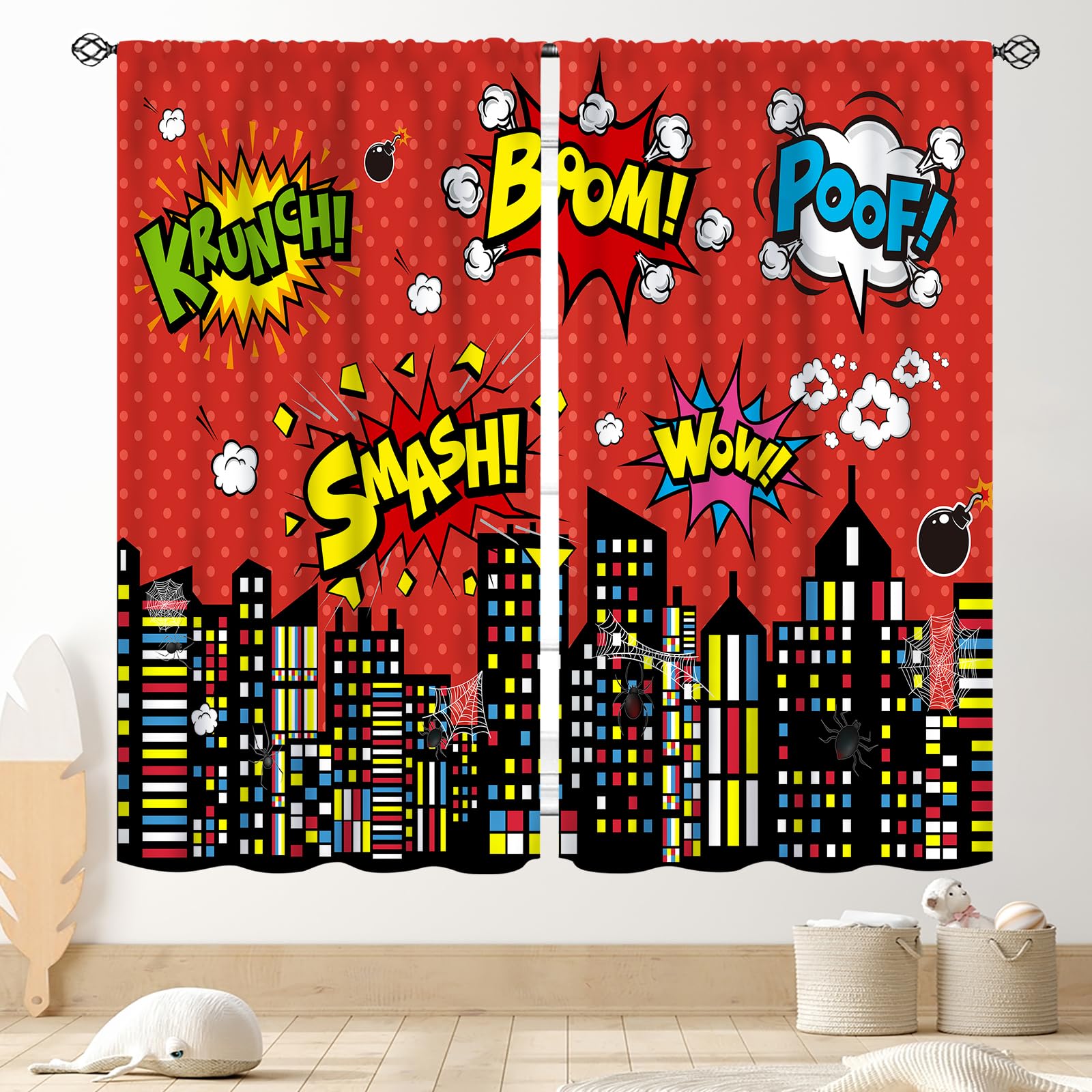 Tkuyo Boys Hero-01 Superhero City Curtains For Kids Teens, Red Spider Web Cityscape Buildings Cartoon Comic Blackout Window Curtains For Baby Room Bedroom Living Nursery 2 Panel Sets, 52"X84" Inch