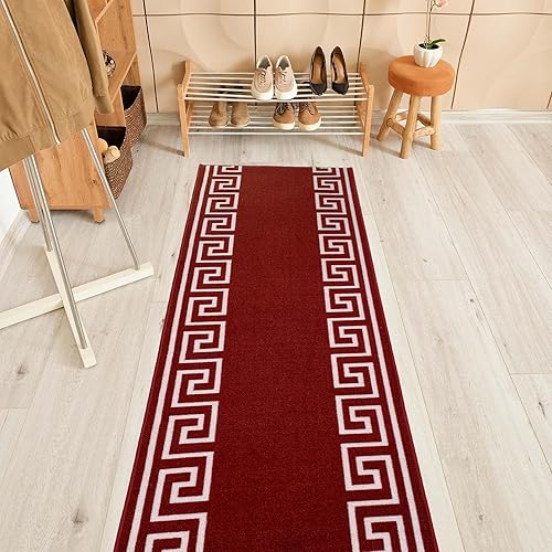 Miniatura 1 de Alfombra antideslizante con diseño de llave griega de color rojo, con parte trasera de goma, para pasillo, 31 pulgadas de ancho por tu longitud, 31