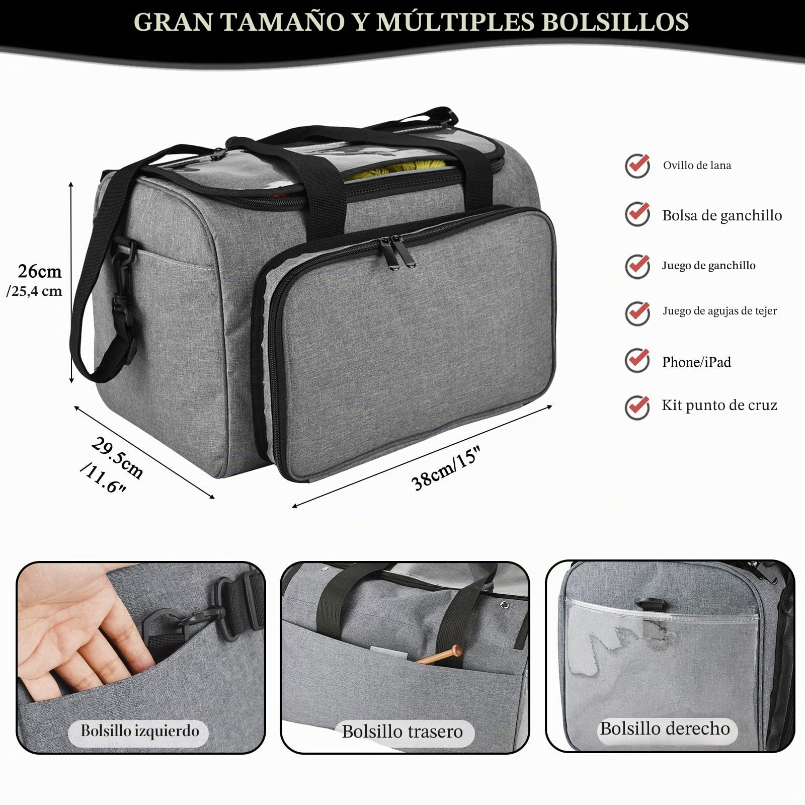 Coopay Bolsa de Hilo, Bolsa de Manualidades para Kit de Ganchillo y Almacenamiento de Kit de Punto de Cruz, Organizador de Hilo para Principiantes y Profesionales, Tela Oxford, Gris