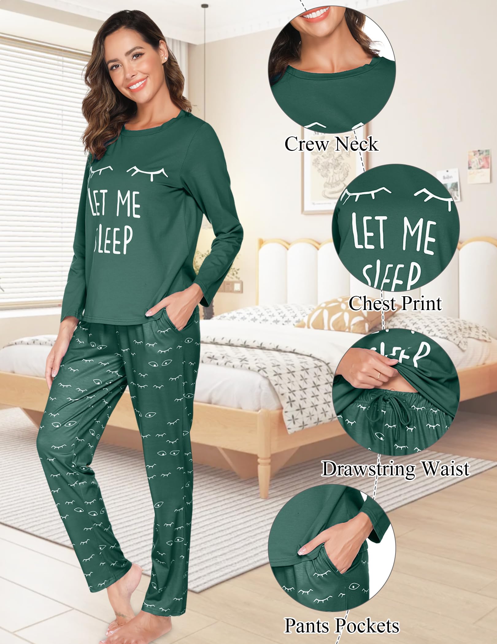 Pijama Mujer Invierno Algodon Largo Conjunto de Pijama para Mujer Dos Piezas Cuello Redondo Comodo Impreso Pjs Otoño Ropa de Dormir Pantalones Largo Loungewear S-XXL