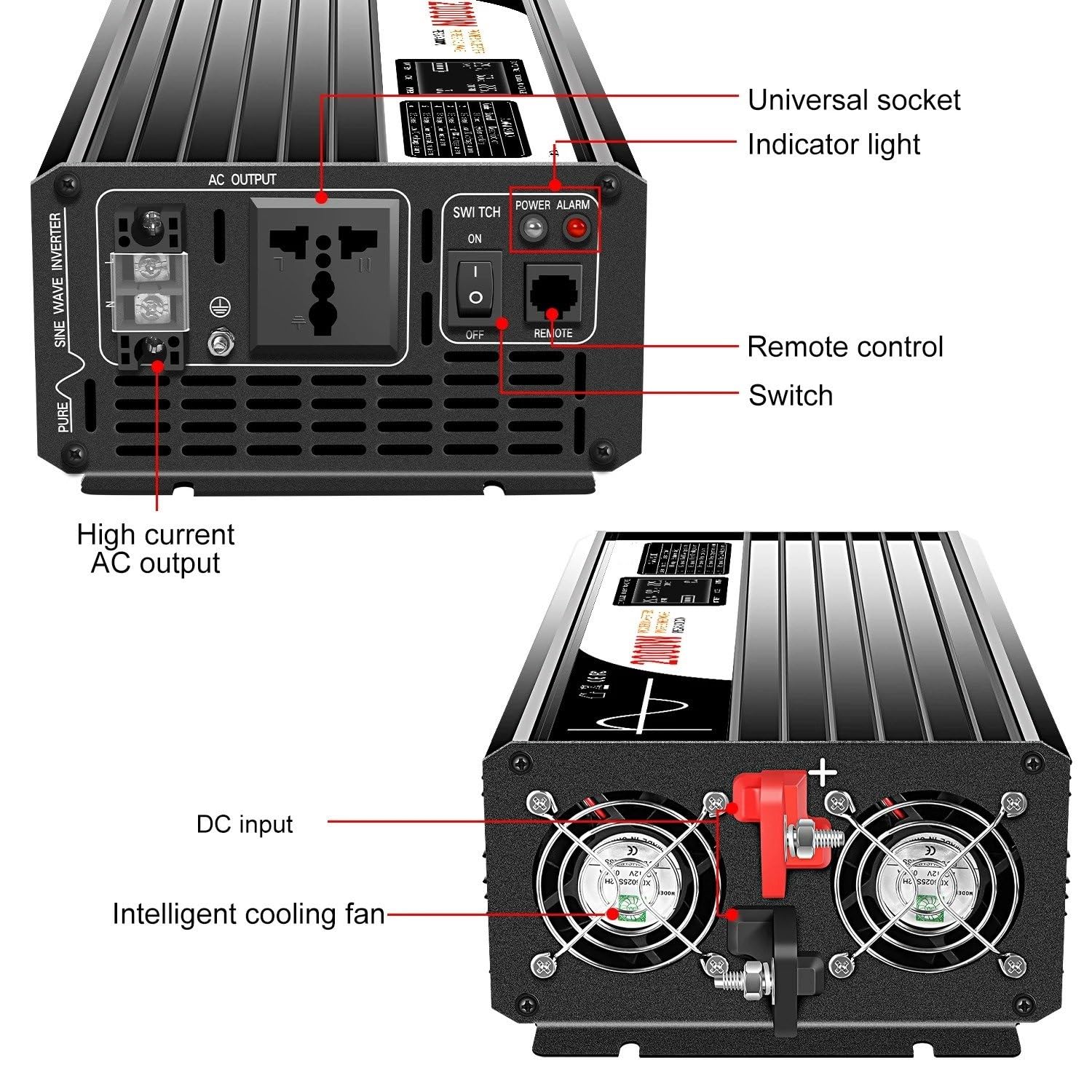 Convertidor Coche Inversor 2000W 12V 220V 24V 48V 110V Inversor Solar De Onda Sinusoidal Pura Transformador Voltaje Portátil Convertidor Potencia para Coche(24V,110-120V,Universal)