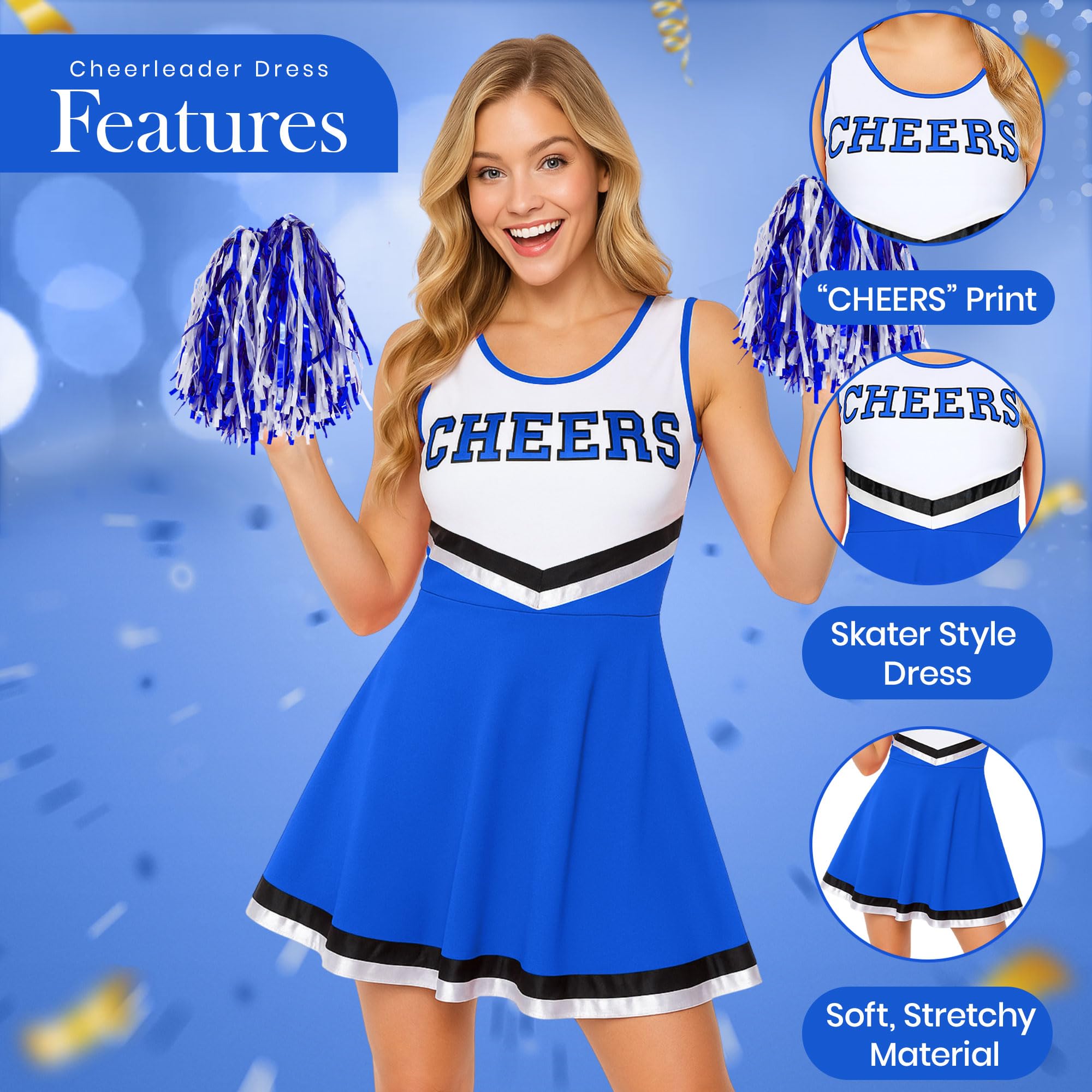 Redstar Fancy Dress Kostium cheerleaderki dla dorosłych, kostium cheerleaderki z pasującą sukienką i frędzlami, przebranie cheerleaderki dla kobiet, na Halloween, cosplay, karnawał