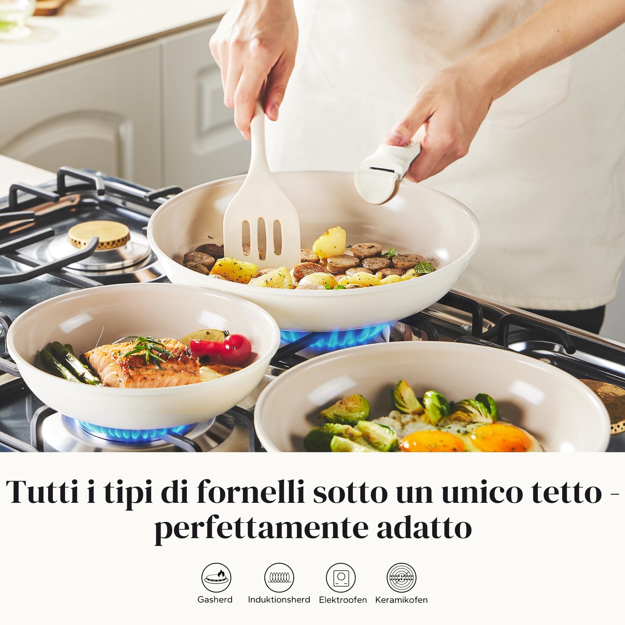 Redchef Set di Padelle con Manico Rimovibile, Padella in Ceramica con Antiaderente in Granito, Adatto All’Induzione, Padella 20, 24, 28 cm, Salvaspazio, Senza Ptfe & Pfoa & Pfas, Beige
