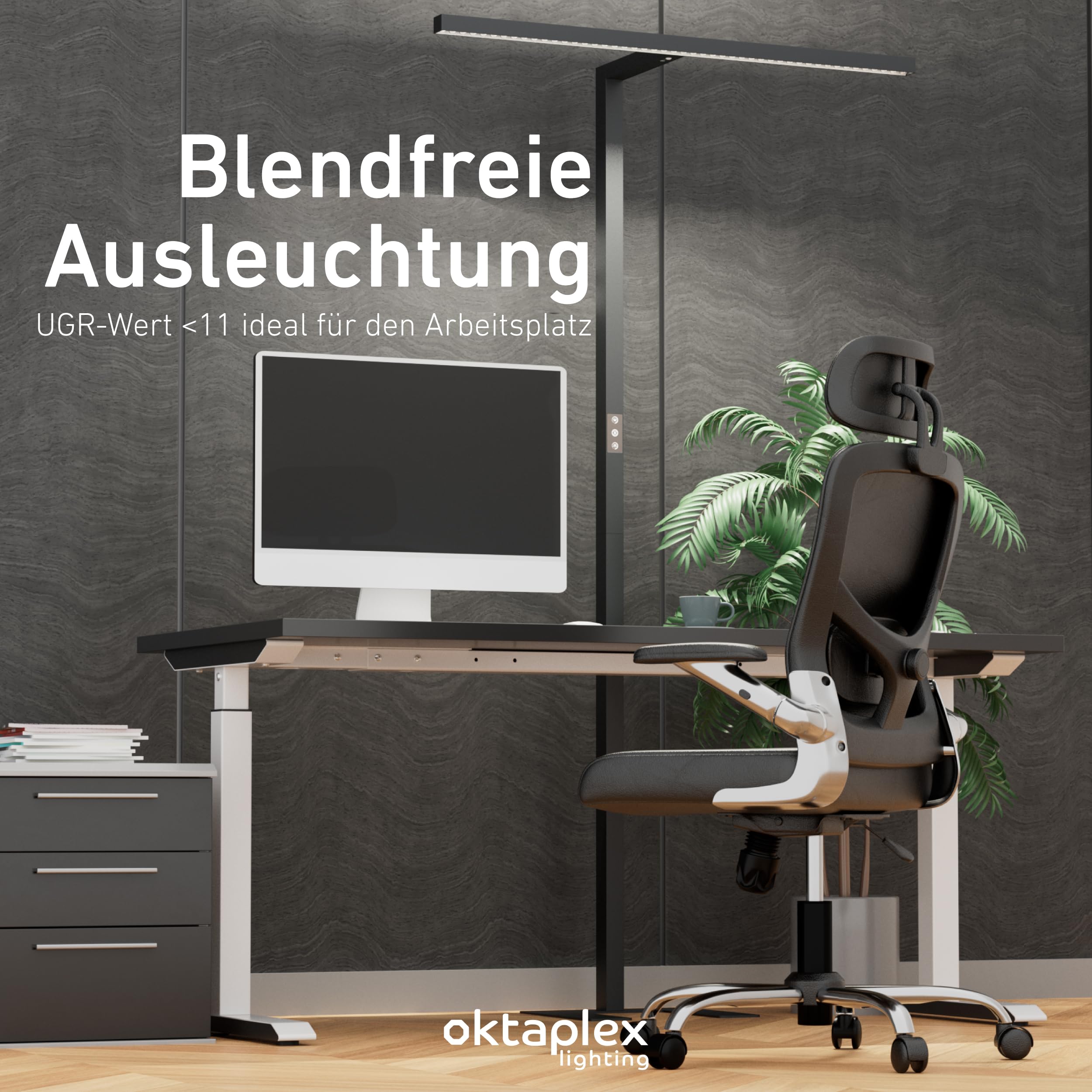 Oktaplex Lund Büro Stehleuchte dimmbar mit Sensor Schwarz Stehlampe | Tageslicht- & Präsenzsensor, Touch-Panel, 10800lm, UGR<11, 2700-5700K, blendarm, 197cm