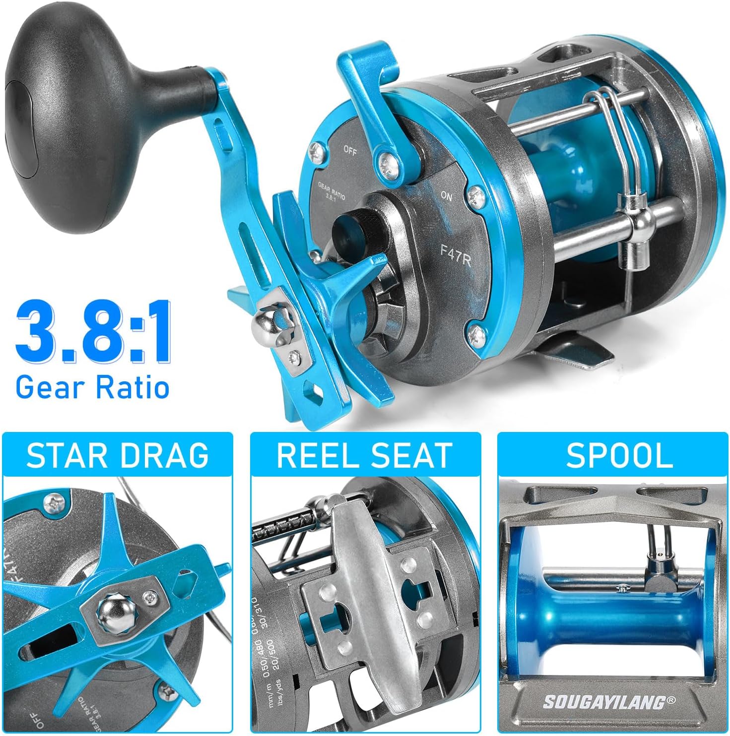 Sougayilang F47 Baitcasting Fishing Reel - Reinforced Metal Body Round Baitcaster for Smooth Powerful Saltwater Inshore Surf Trolling - Conventional Reel for Catfish, Musky, Bass, Pike