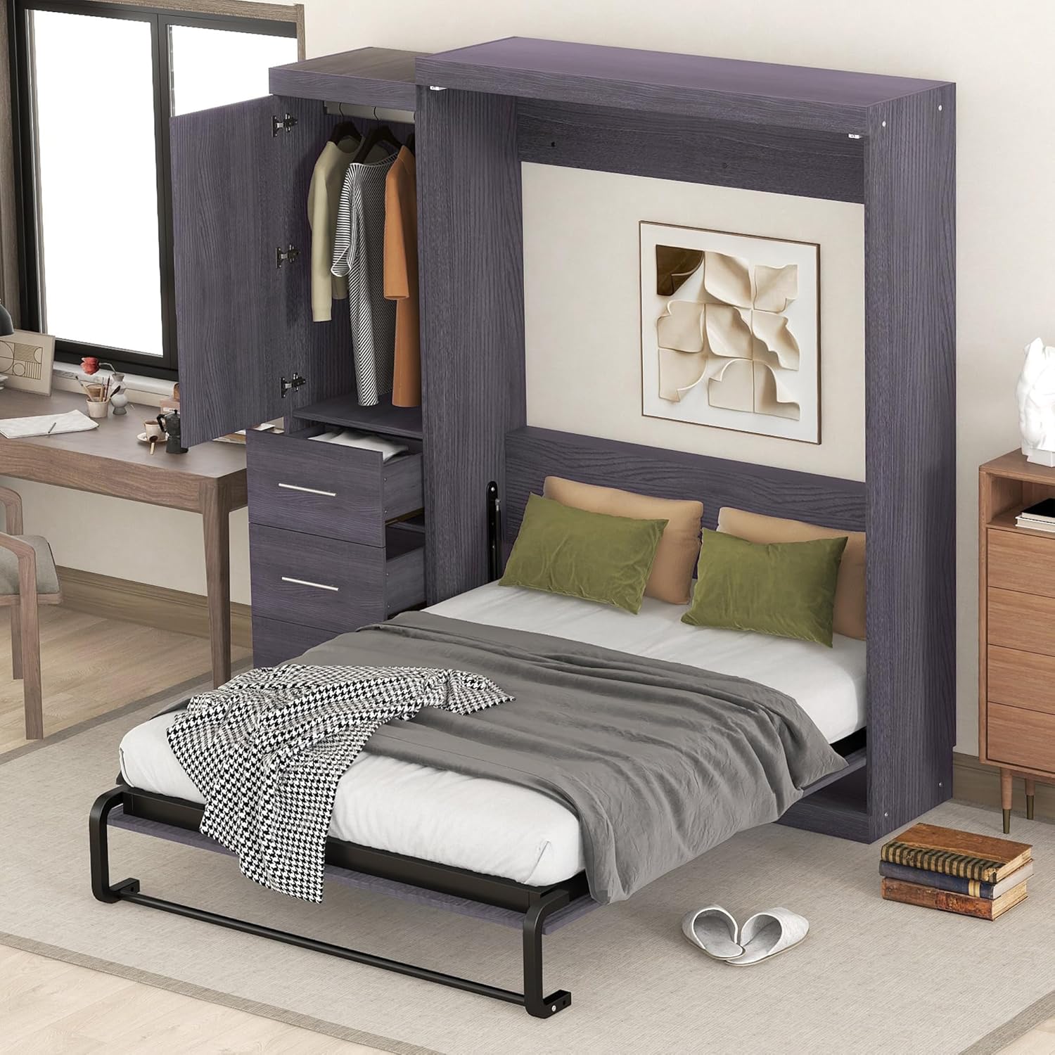 SOFTSEA Full Size Murphy Bed with Wardrobe and Storage Drawers, Farmhouse Wood Hidden Wall Bed Frame, Can be Folded into a Cabinet, No Box Spring Needed, Grey